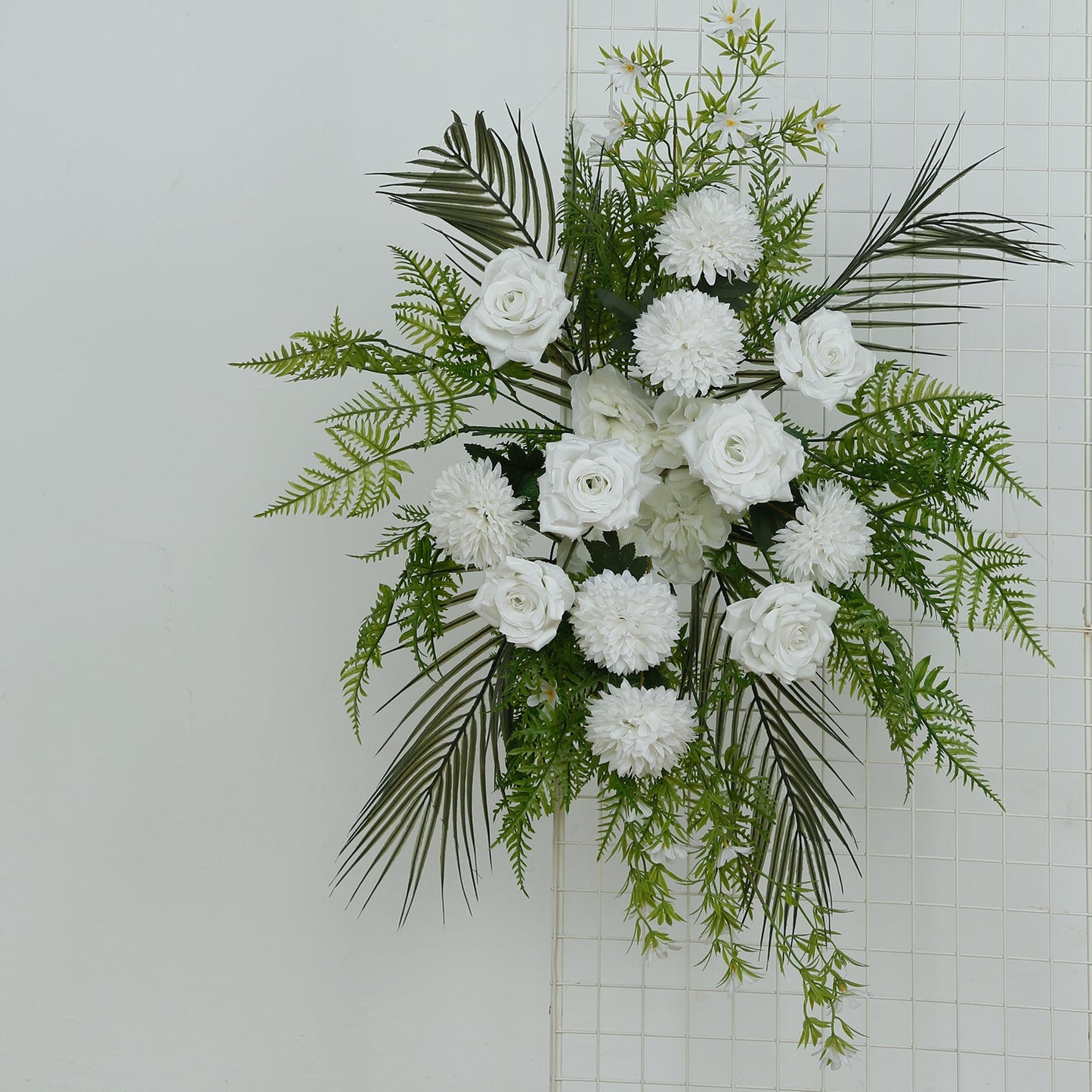 Artificial Wedding Arch Flowers â€“ Ivory Rose & Chrysanthemum Swag with Greenery and Palm Leaves