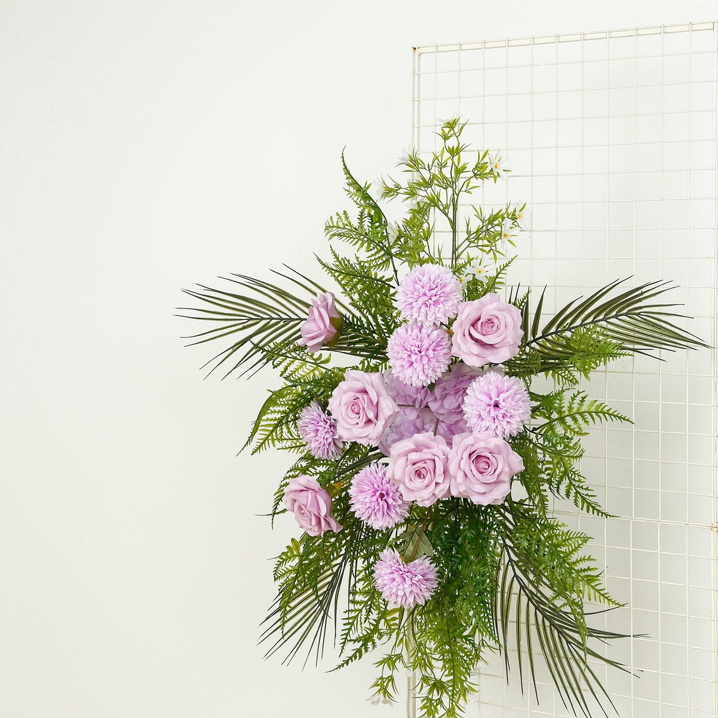 Artificial Wedding Arch Flowers â€“ Lavender Lilac Rose & Chrysanthemum Swag with Greenery and Palm Leaves