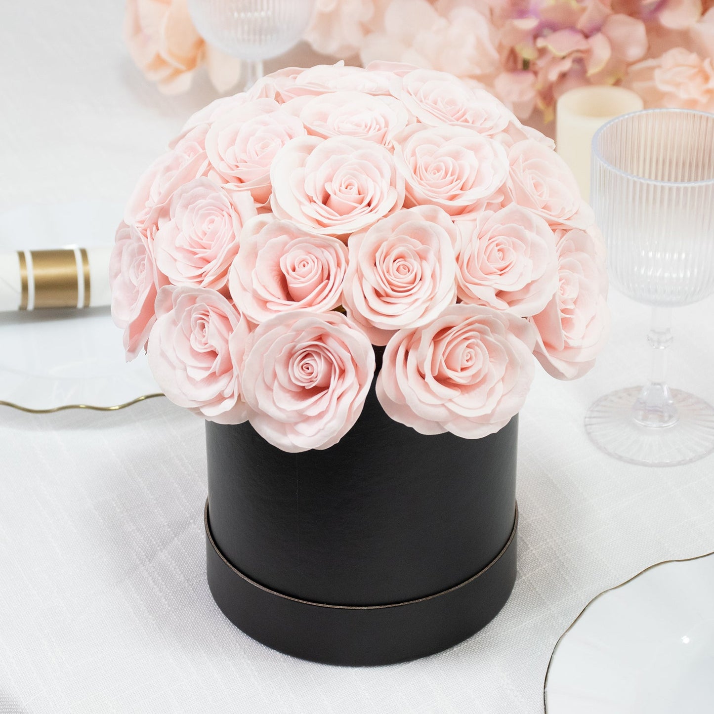Blush Prearranged Rose Centerpiece Arrangement, 27pcs Roses with Black Round Gift Box