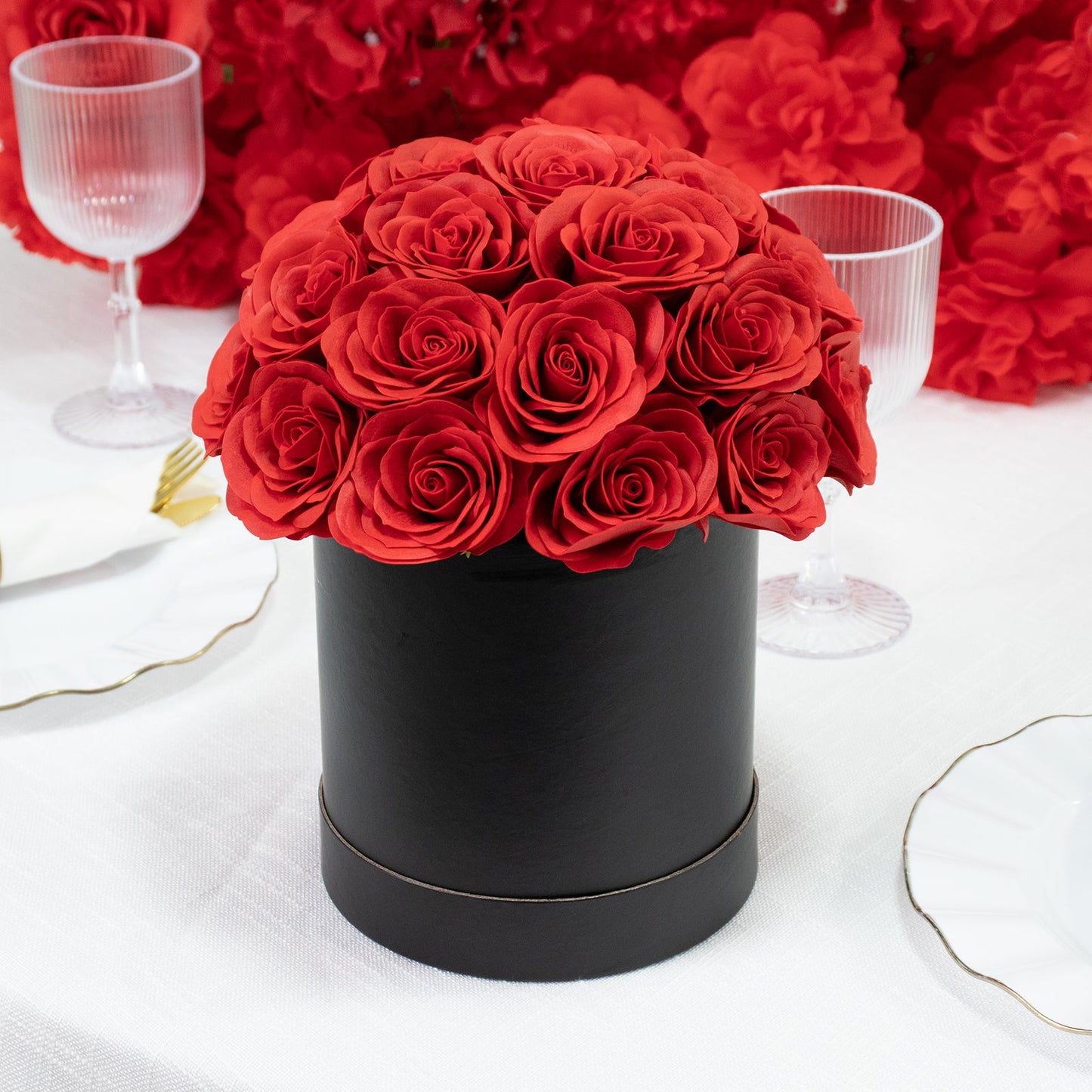 Red Prearranged Rose Centerpiece Arrangement, 27pcs Roses with Black Round Gift Box