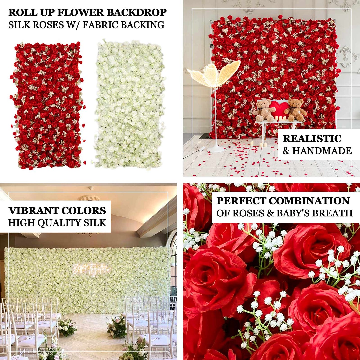 8ftx4ft Roll Up Artificial Flower Wall Panel Backdrop with White Silk Roses & Baby's Breath