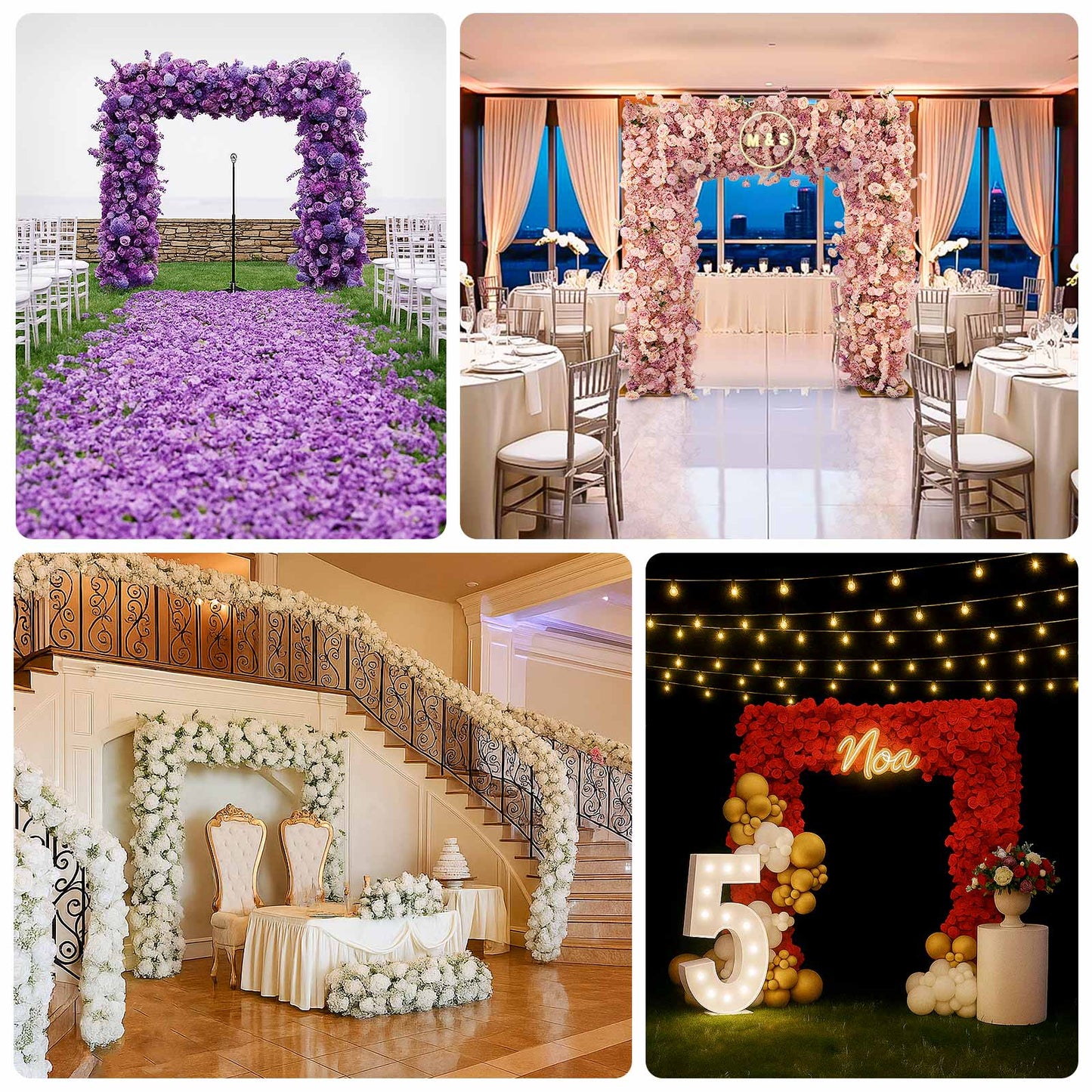 8ftx8ft Roll Up Flower Backdrop for Arch Stand, White with Fabric Backing - Artificial Silk Roses, Hydrangeas & Chrysanthemums for Weddings