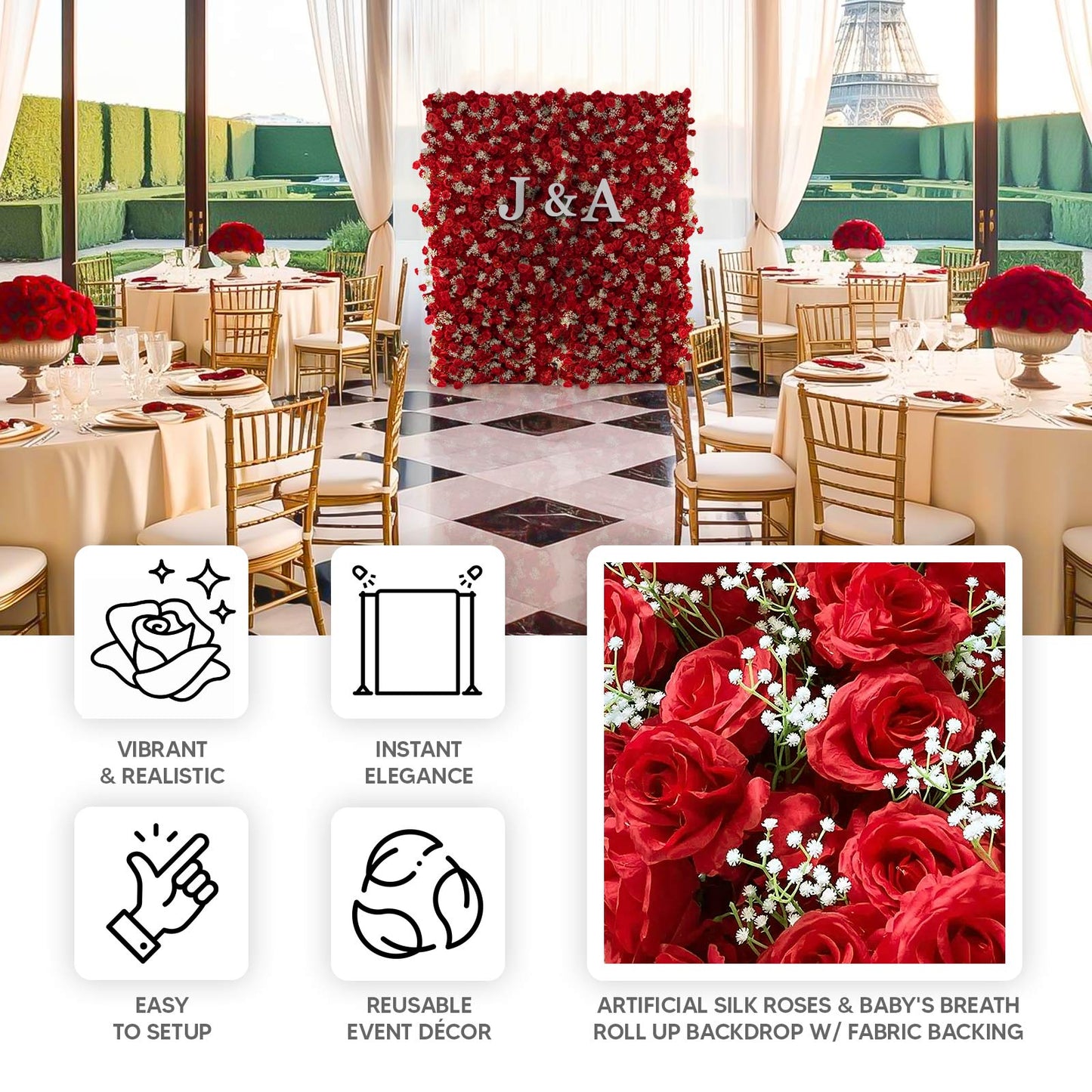 8ftx4ft Roll Up Artificial Flower Wall Panel Backdrop with Red Silk Roses & Baby's Breath