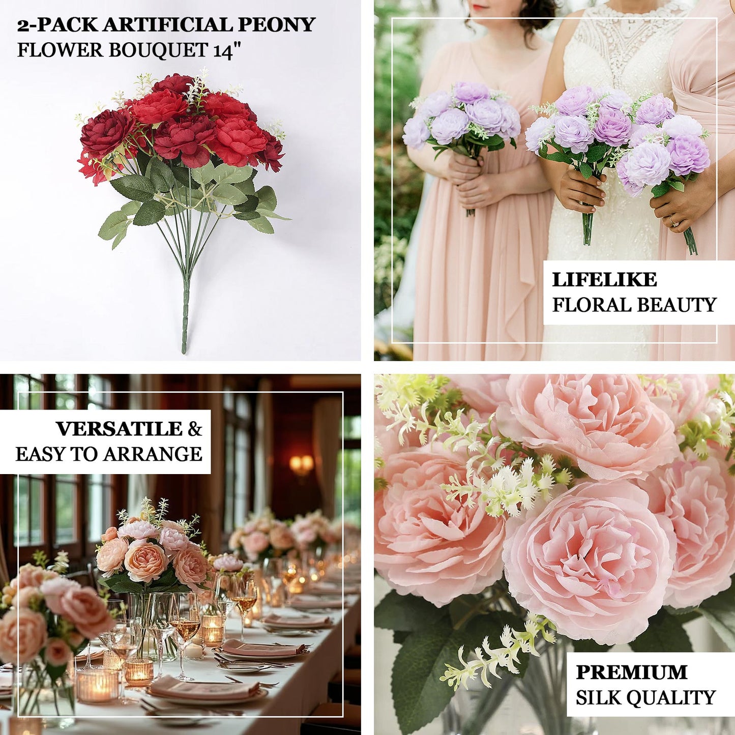 2-Pack Silk Peony Bouquet 14" Natural â€“ Lifelike Artificial Flower Arrangement for Vase Display, Events & Everyday Decor