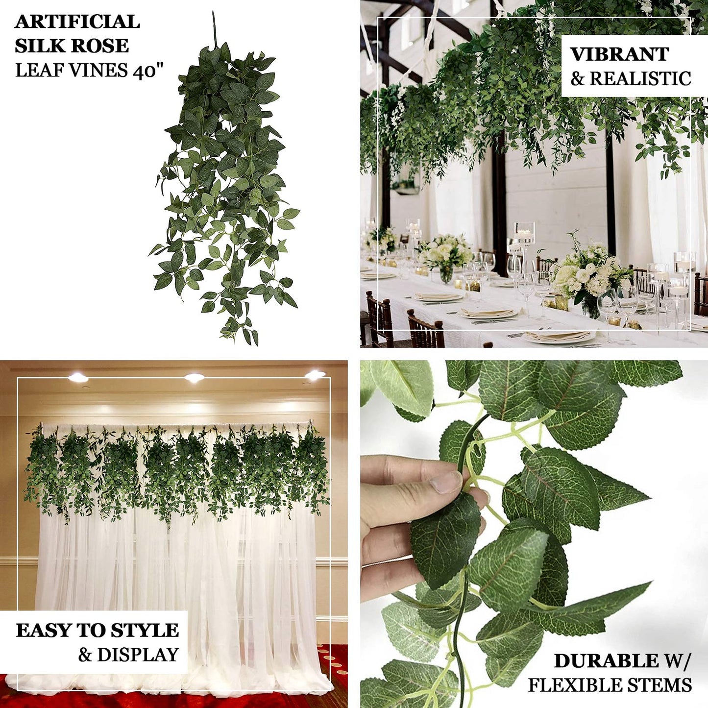 3-Pack Silk Rose Leaf Hanging Plants 40" â€“ Realistic Artificial Greenery Vines for Home, Patio & Event Styling