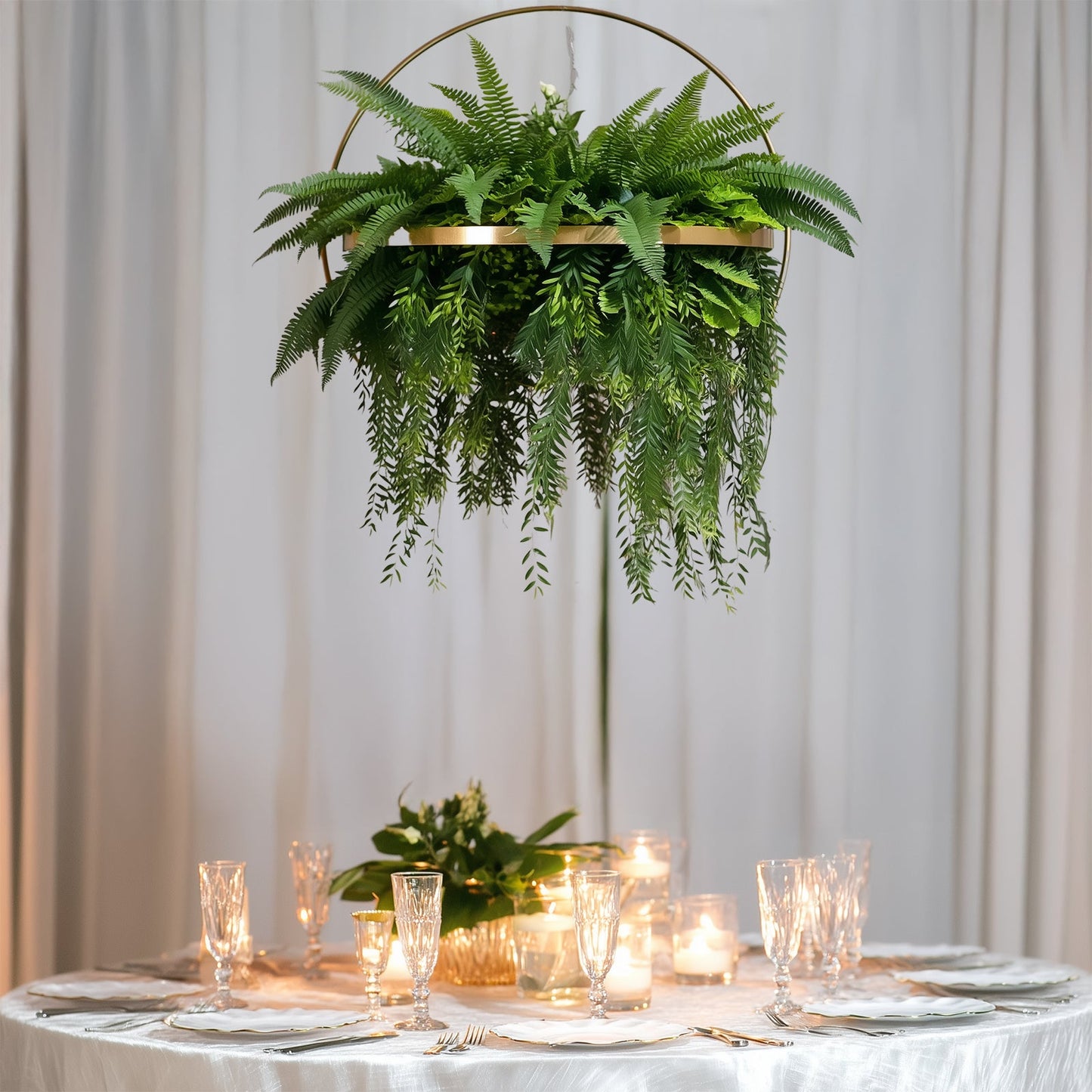 Large Faux Greenery Hoop Chandelier â€“ 24" Gold Ring with 42" Draping Fern for Boho or Garden-Themed Events