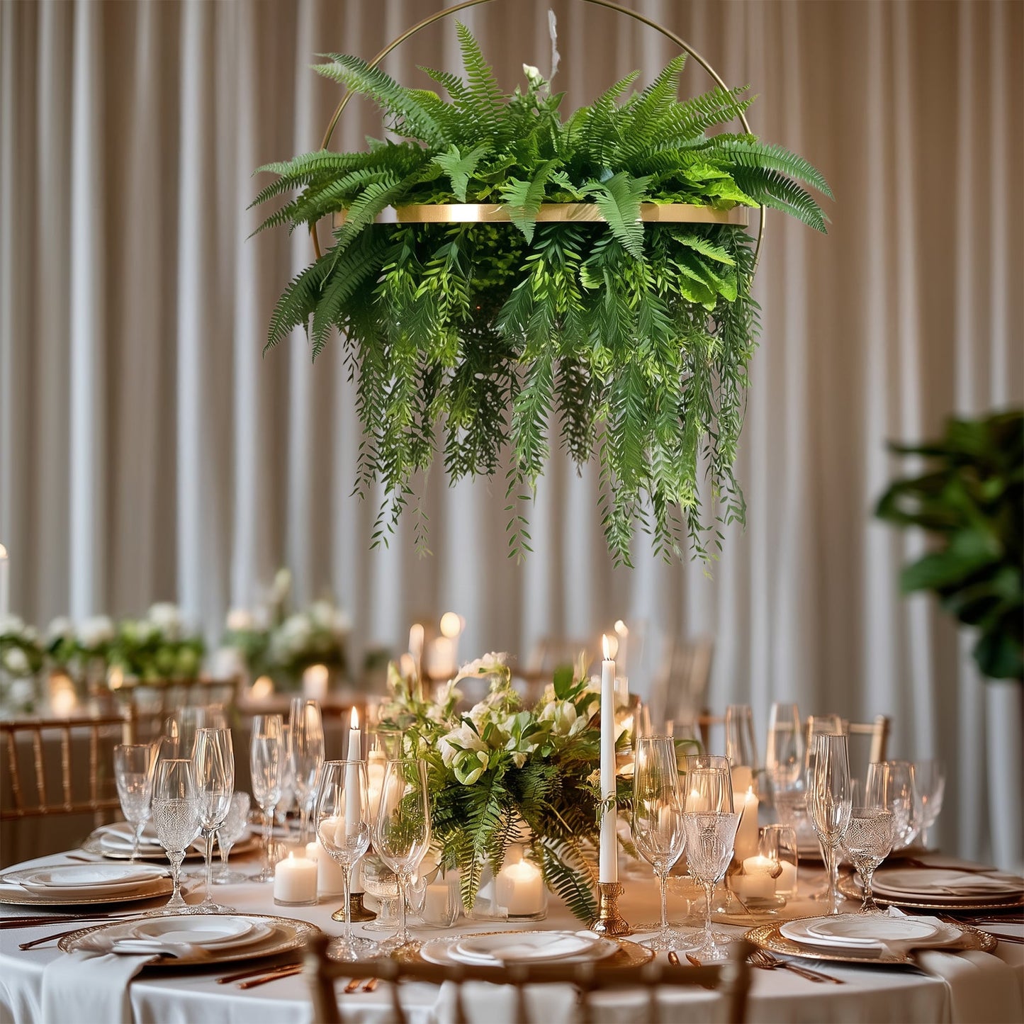 Large Faux Greenery Hoop Chandelier â€“ 24" Gold Ring with 42" Draping Fern for Boho or Garden-Themed Events
