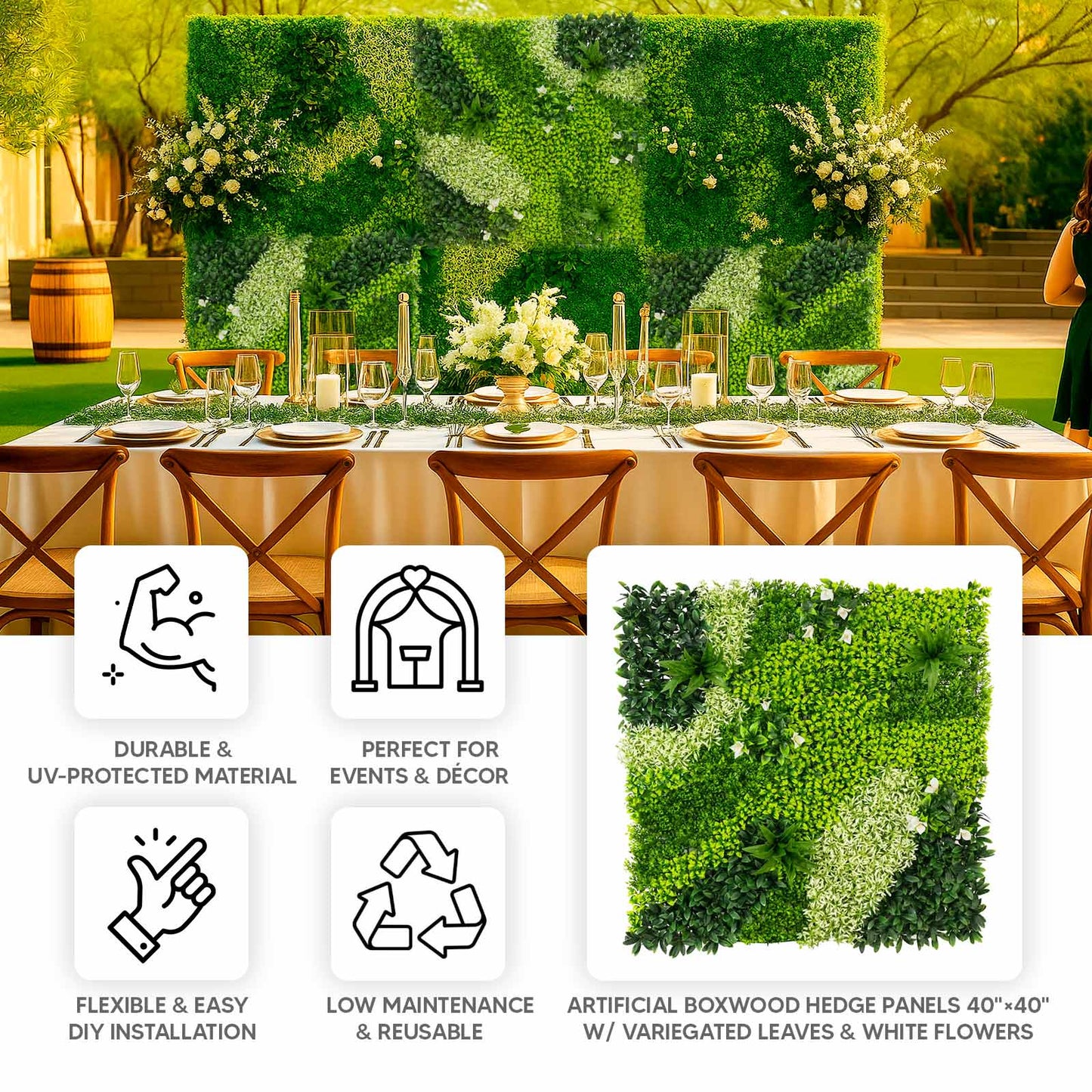 Artificial Boxwood Greenery Wall Panels, 40"Ã—40" Grass Panels with Variegated Leaves and White Flowers, UV-Protected Backdrop for Outdoor Decor â€“ 2 Panels, Covers 22 Sq. Ft.