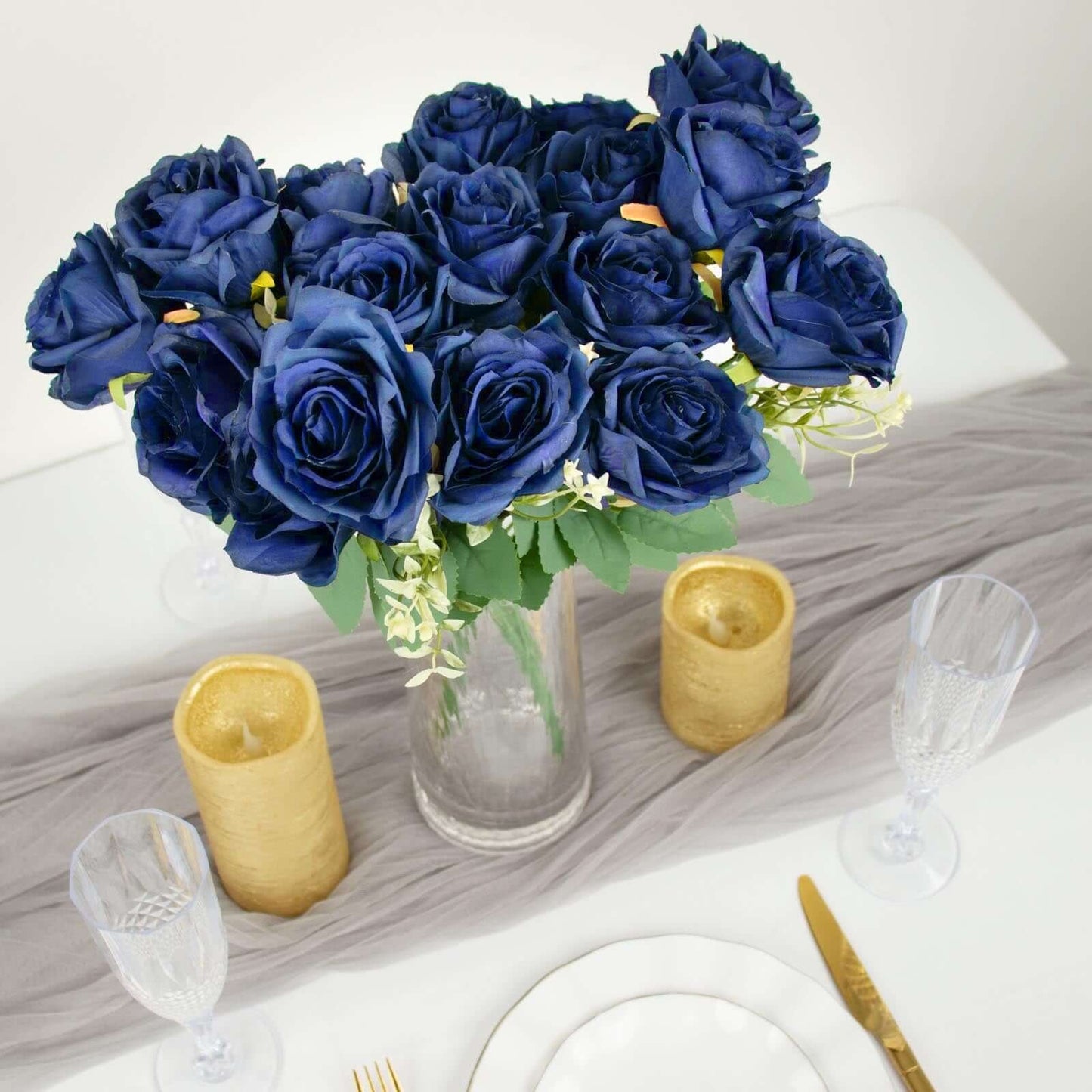 2 Bushes 18" Real Touch Navy Blue Artificial Rose Flower Bouquet, Silk Long Stem Flower Arrangements