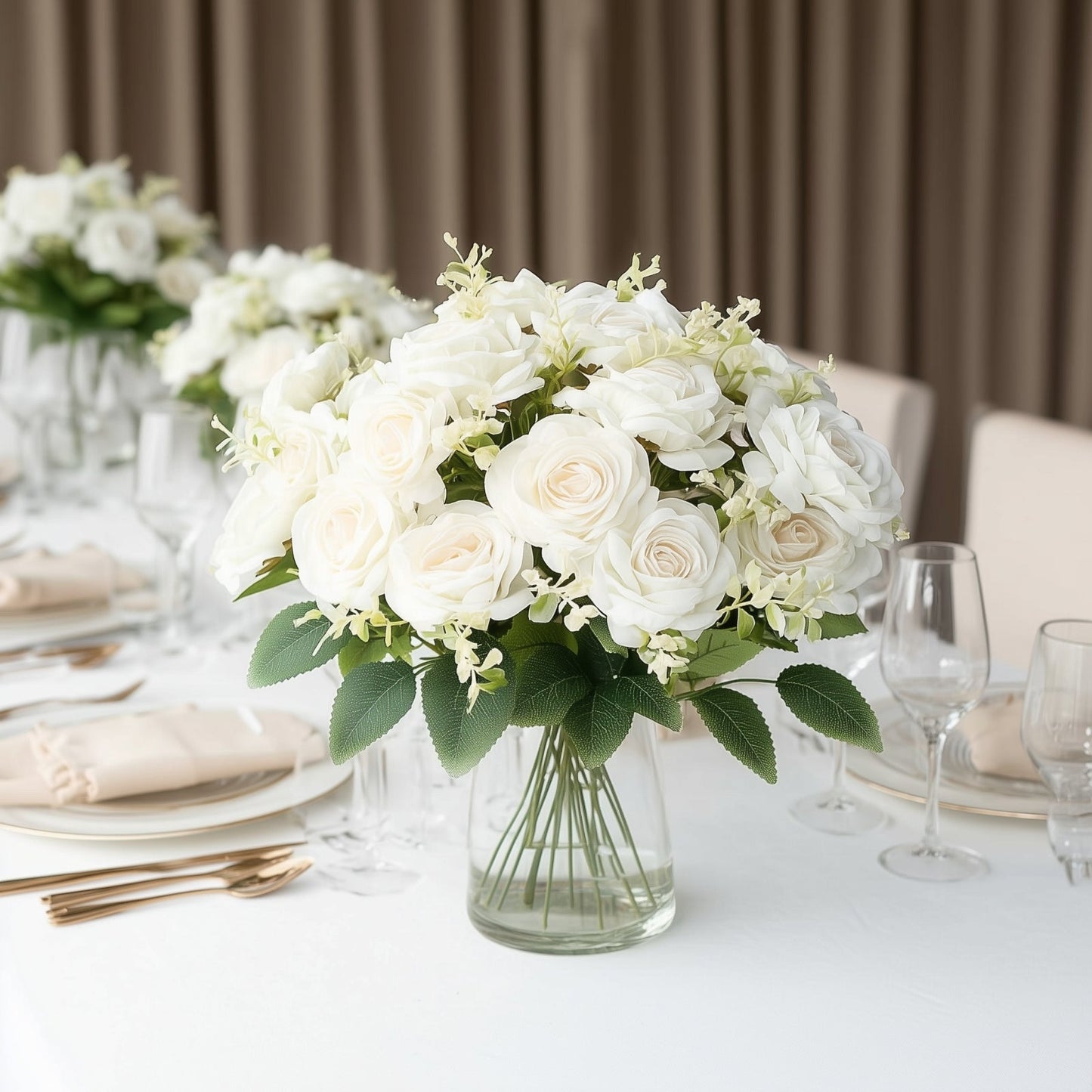 2 Bushes 18" Real Touch White Artificial Rose Flower Bouquet, Silk Long Stem Flower Arrangements