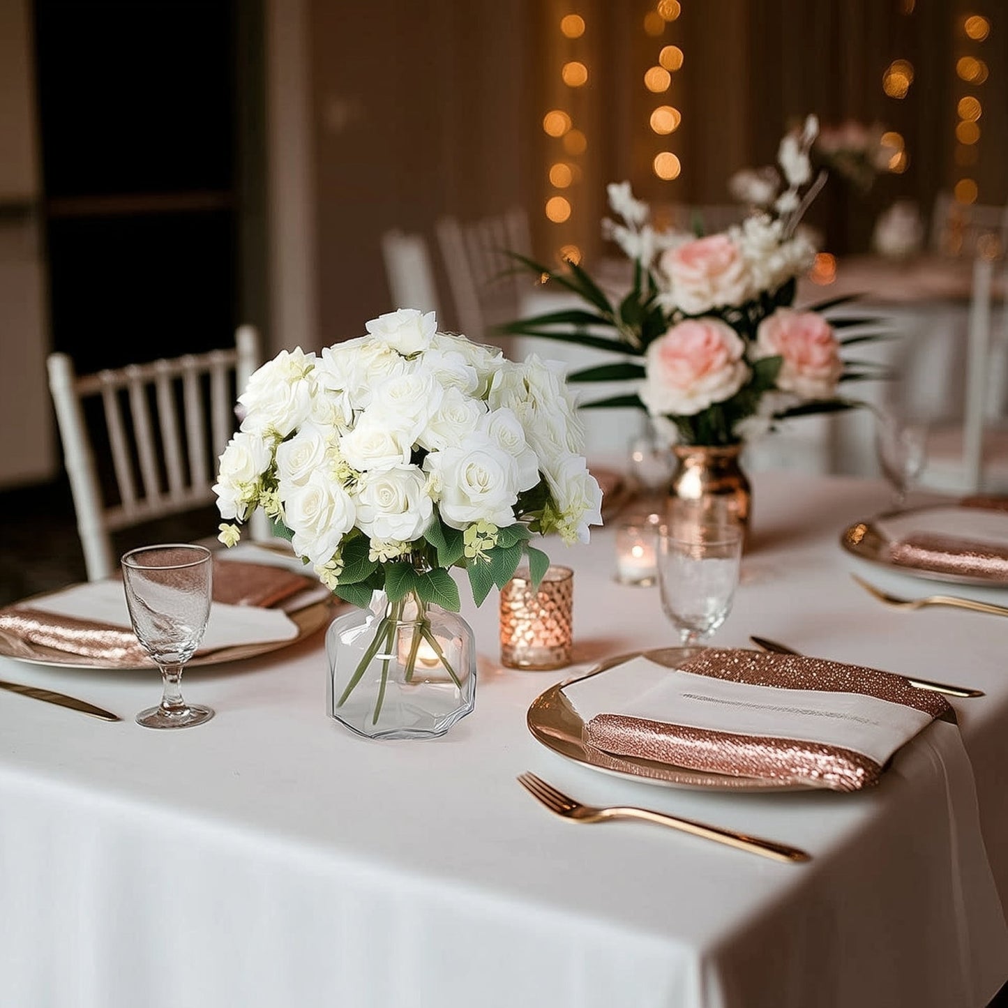 2 Bushes 18" Real Touch White Artificial Rose Flower Bouquet, Silk Long Stem Flower Arrangements