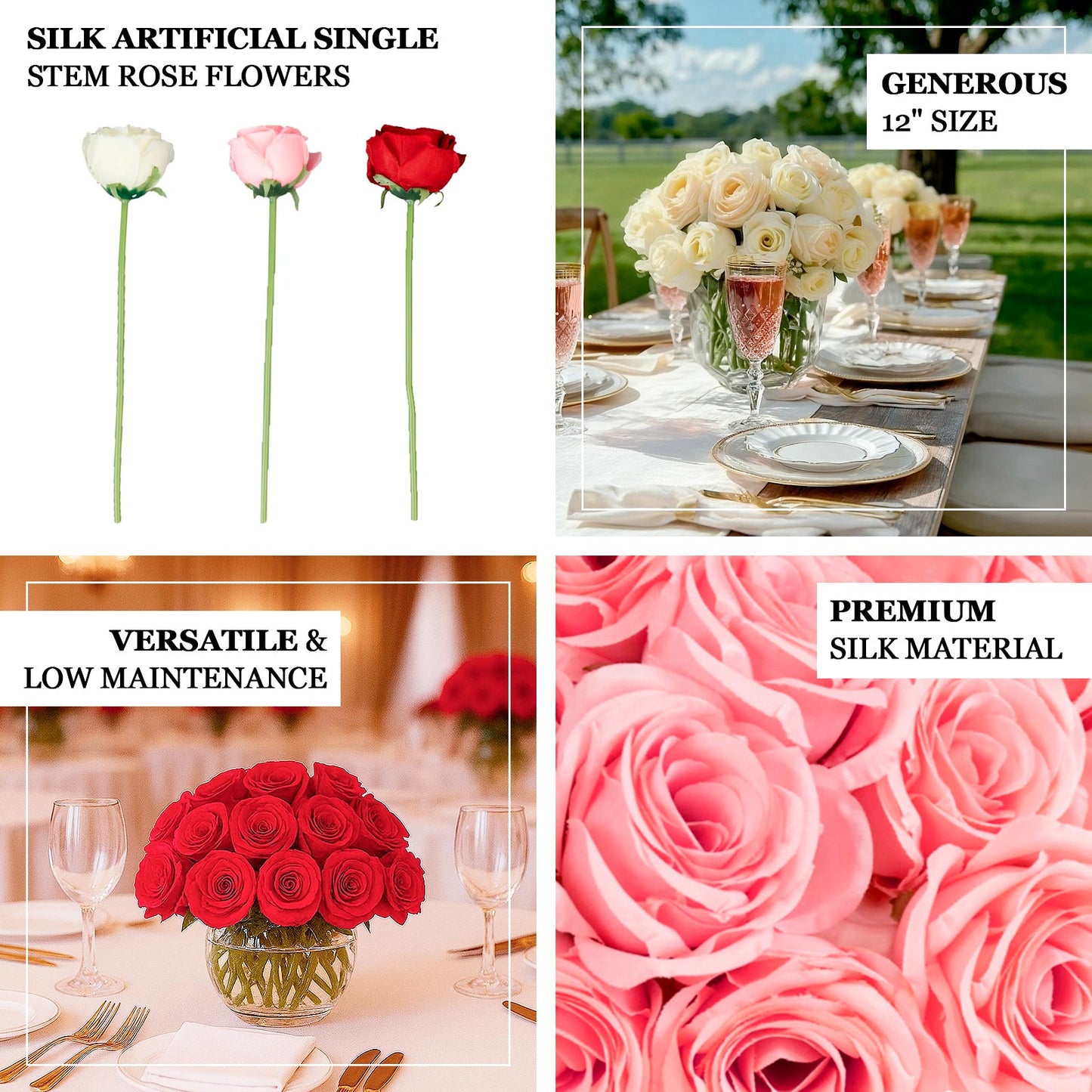 10 Pcs 12" Artificial Silk Roses - Ivory, Single Stem Rose for Flower Bouquet Arrangements