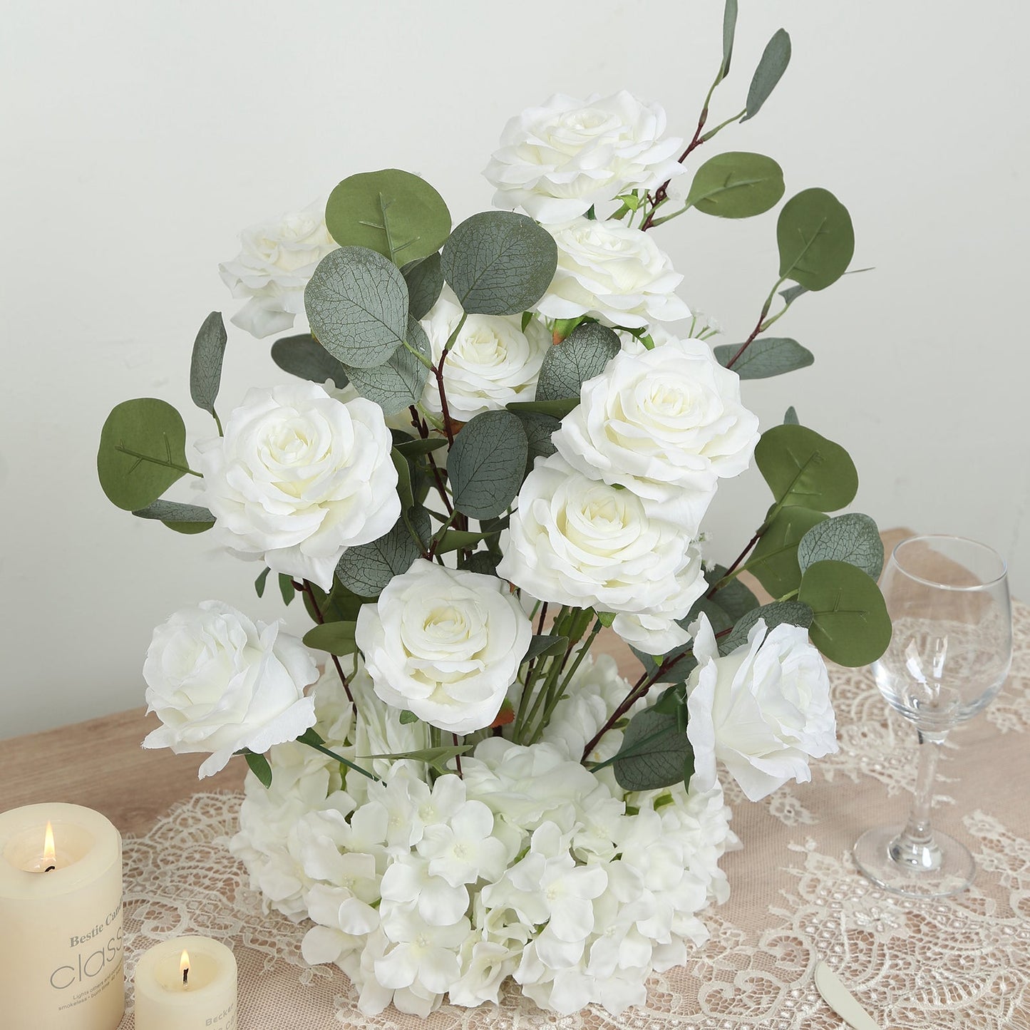 4-Pack White Artificial Flower Arrangements â€“ 20" Roses, Hydrangeas & Eucalyptus, Free-Standing with Foam Base for Wedding Aisle DÃ©cor