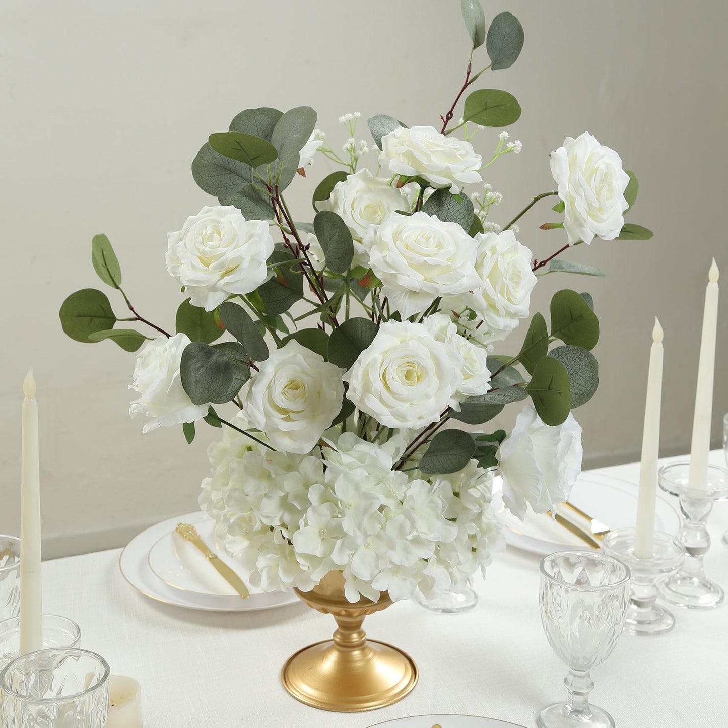 4-Pack White Artificial Flower Arrangements â€“ 20" Roses, Hydrangeas & Eucalyptus, Free-Standing with Foam Base for Wedding Aisle DÃ©cor