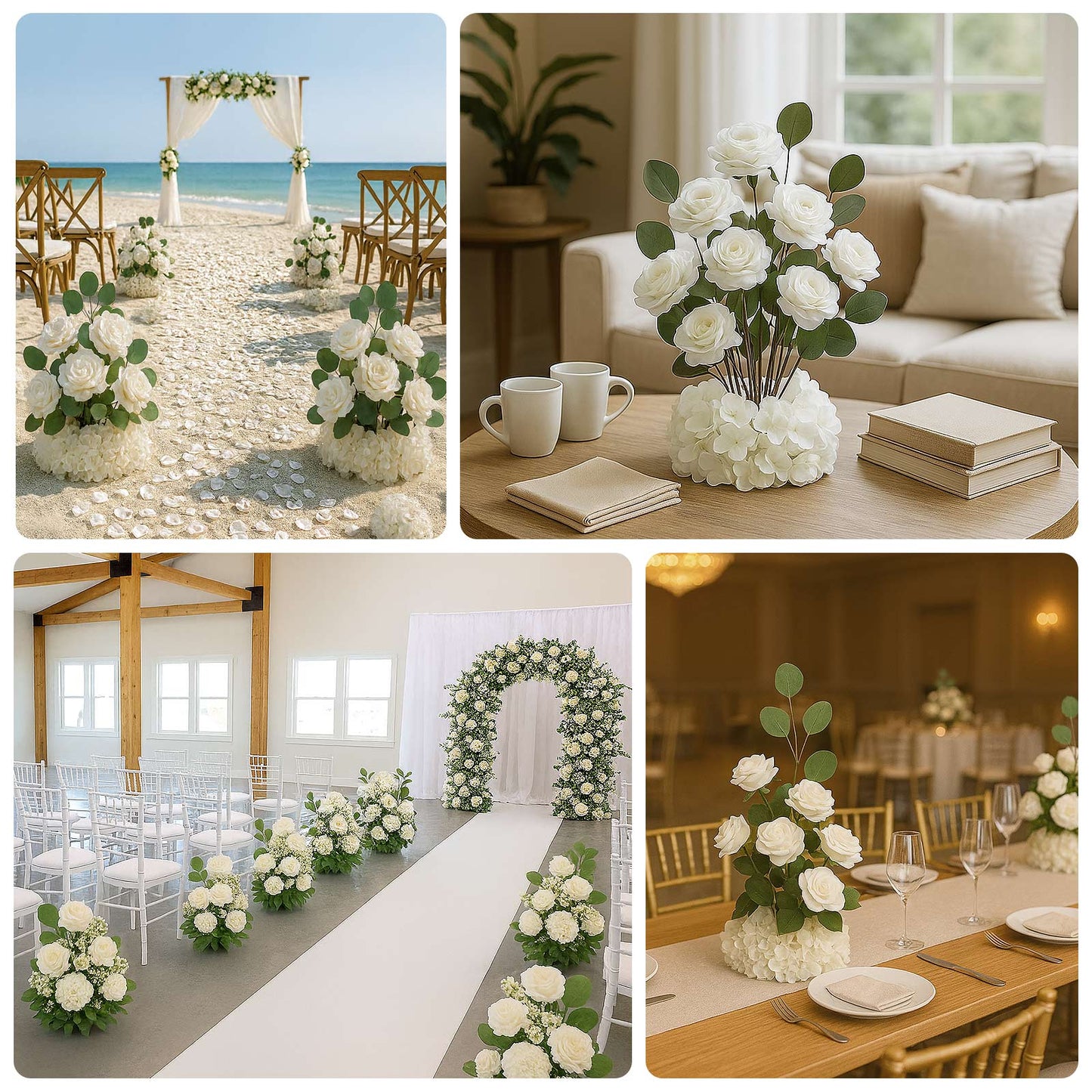 4-Pack White Artificial Flower Arrangements â€“ 20" Roses, Hydrangeas & Eucalyptus, Free-Standing with Foam Base for Wedding Aisle DÃ©cor