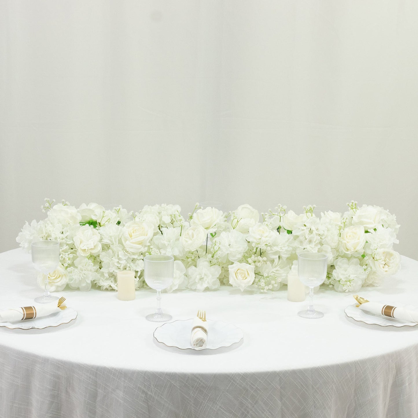 Pre-Arranged Silk Flower Table Runner 40"x16" â€“ White Roses, Hydrangeas & Baby's Breath for Wedding Table & Arch Decor