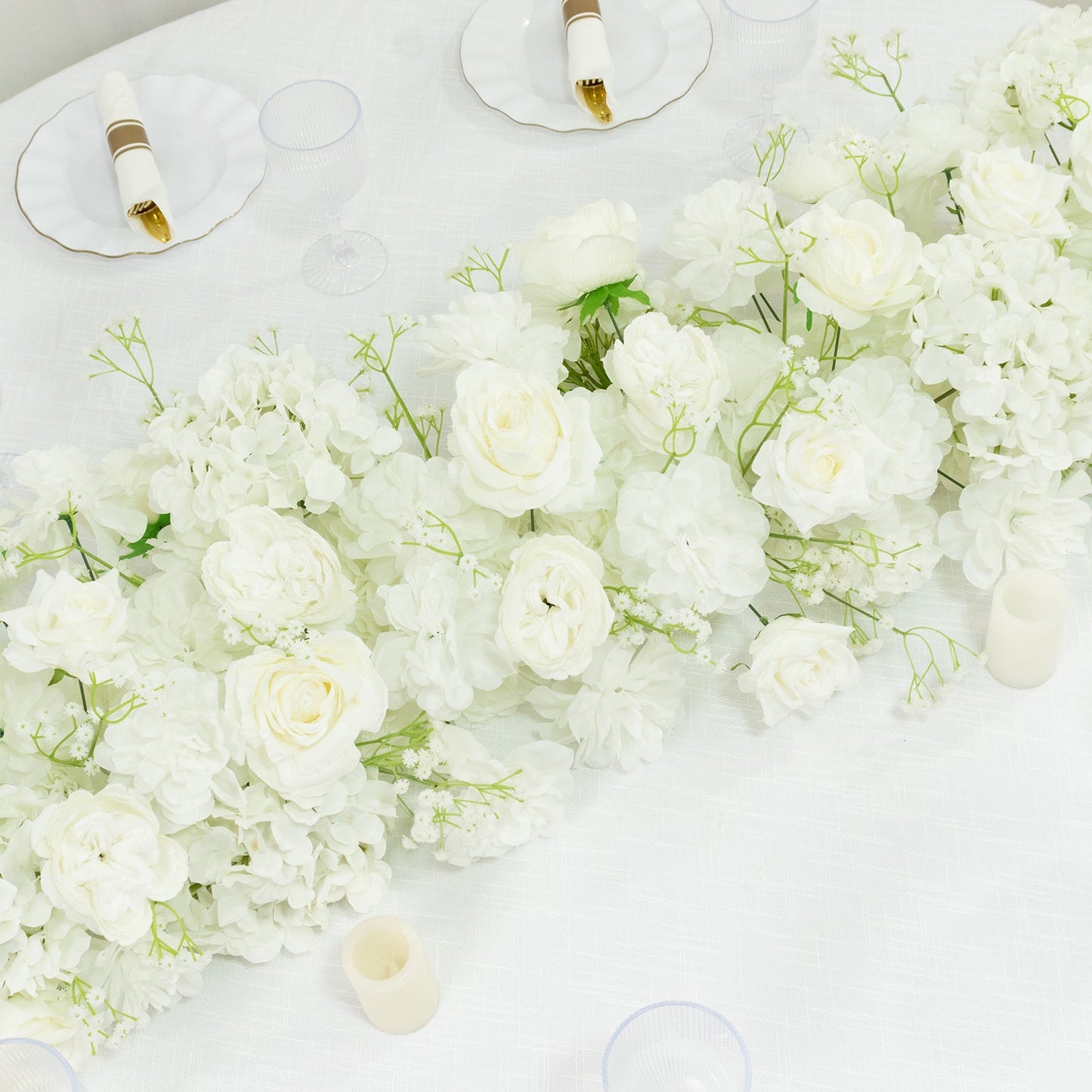 Pre-Arranged Silk Flower Table Runner 40"x16" â€“ White Roses, Hydrangeas & Baby's Breath for Wedding Table & Arch Decor