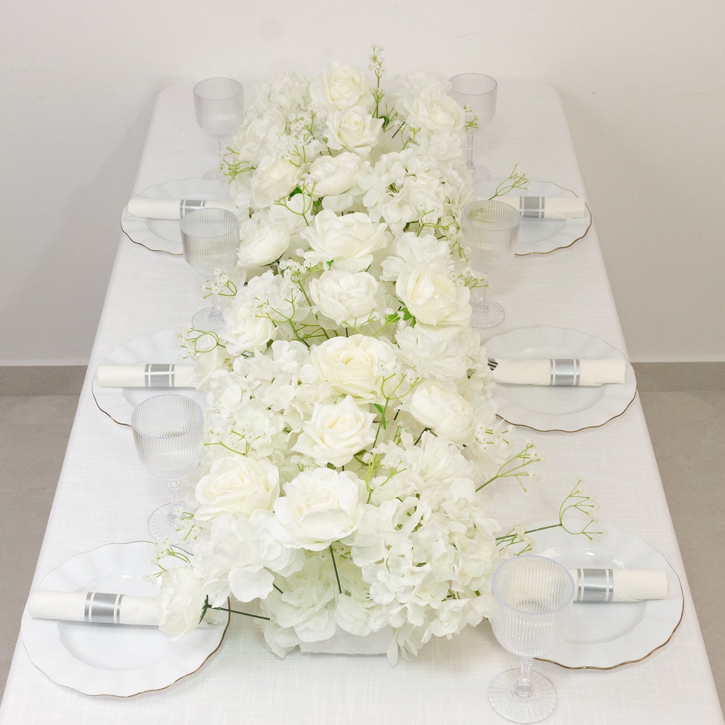 Pre-Arranged Silk Flower Table Runner 40"x16" â€“ White Roses, Hydrangeas & Baby's Breath for Wedding Table & Arch Decor