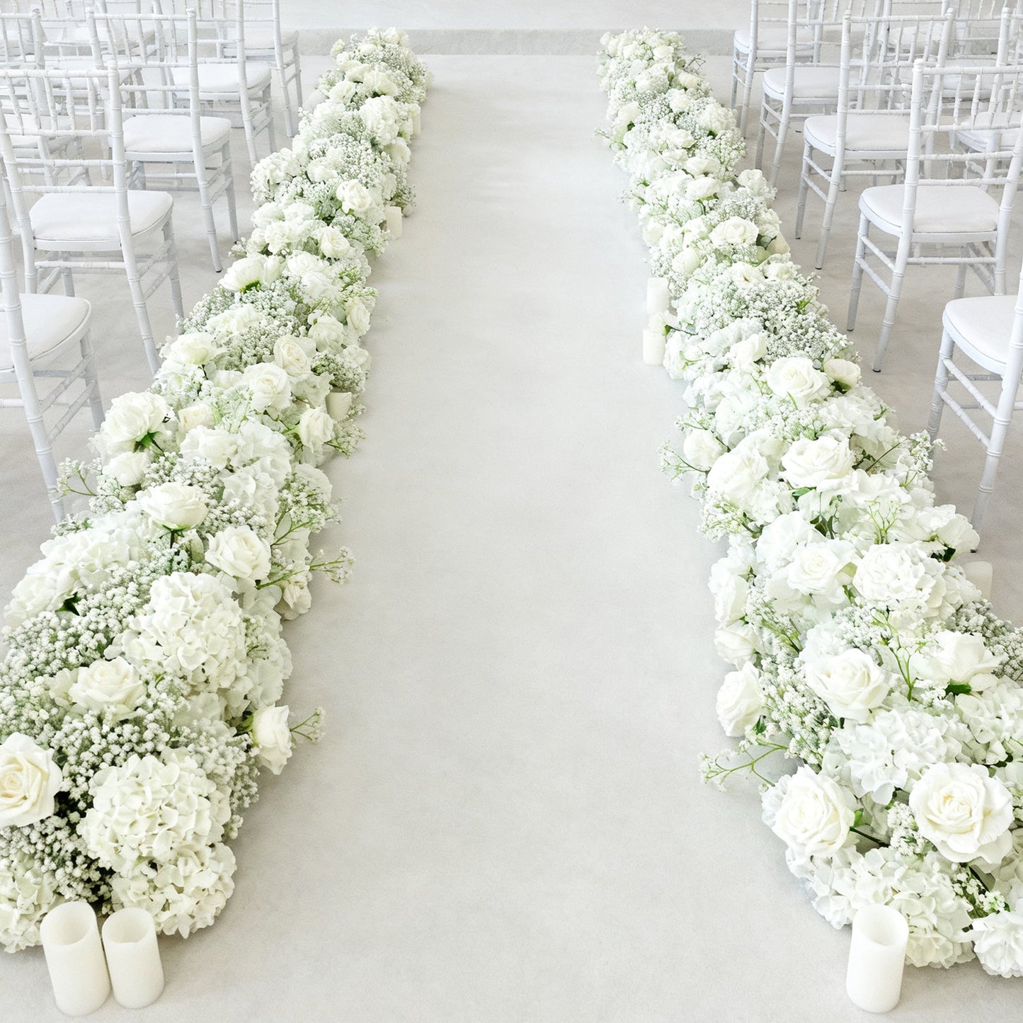 Pre-Arranged Silk Flower Table Runner 40"x16" â€“ White Roses, Hydrangeas & Baby's Breath for Wedding Table & Arch Decor