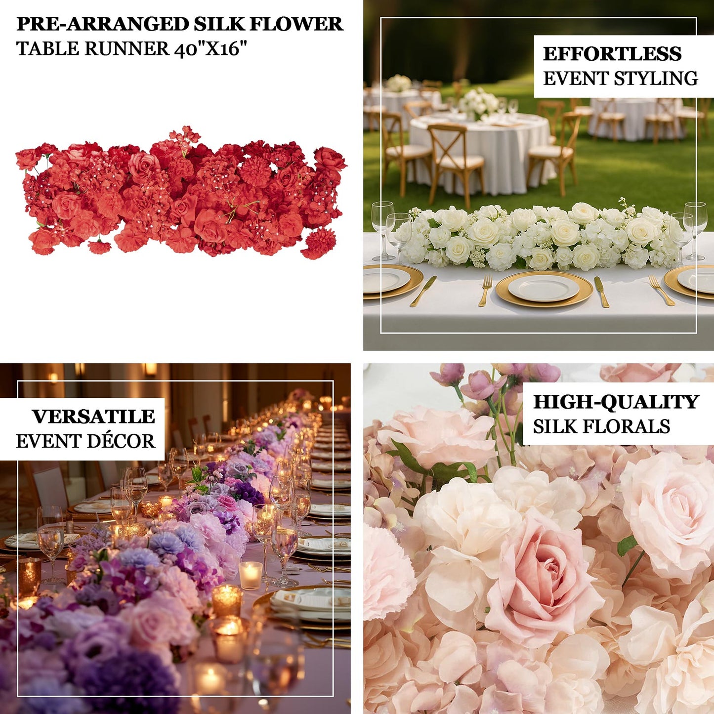 Pre-Arranged Silk Flower Table Runner 40"x16" Mixed Dusty Rose â€“ Roses, Hydrangeas, Chrysanthemums & Peonies for Wedding Table & Arch Decor