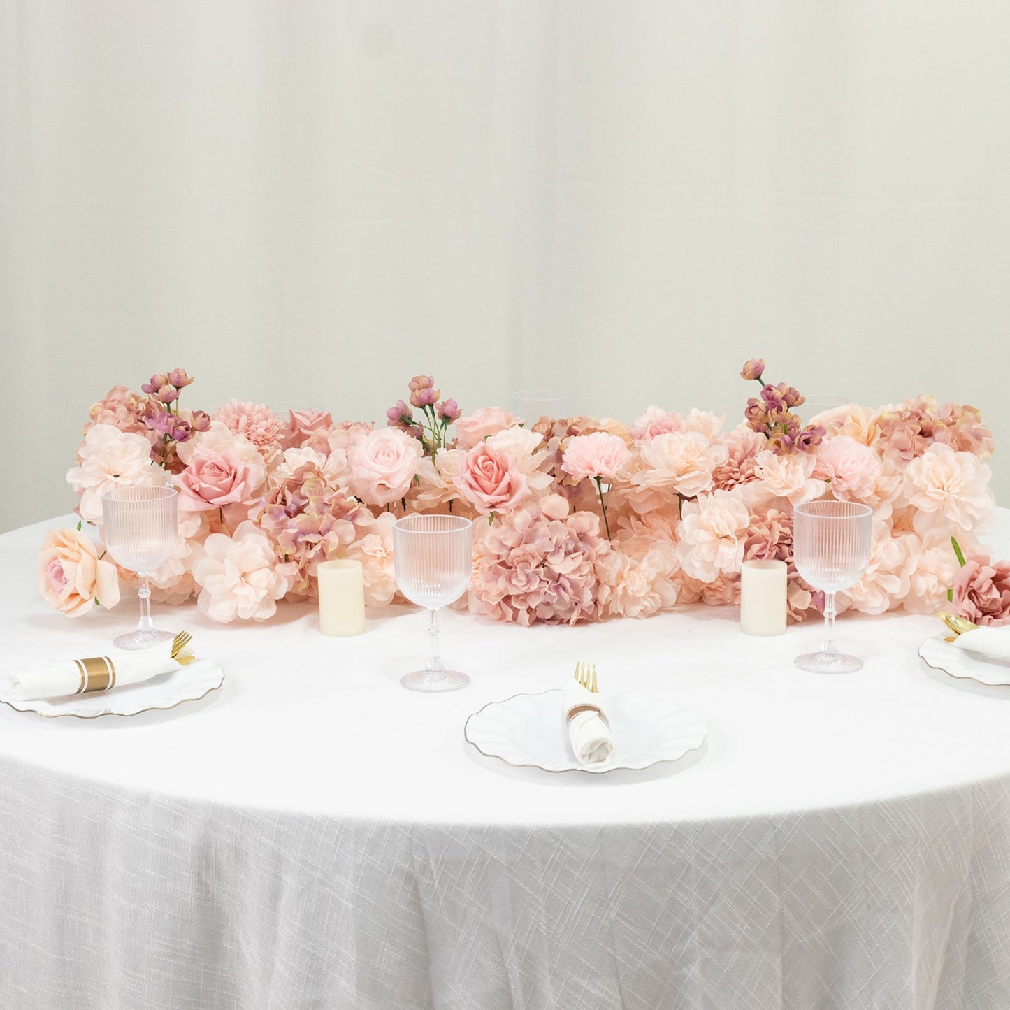 Pre-Arranged Silk Flower Table Runner 40"x16" Mixed Dusty Rose â€“ Roses, Hydrangeas, Chrysanthemums & Peonies for Wedding Table & Arch Decor