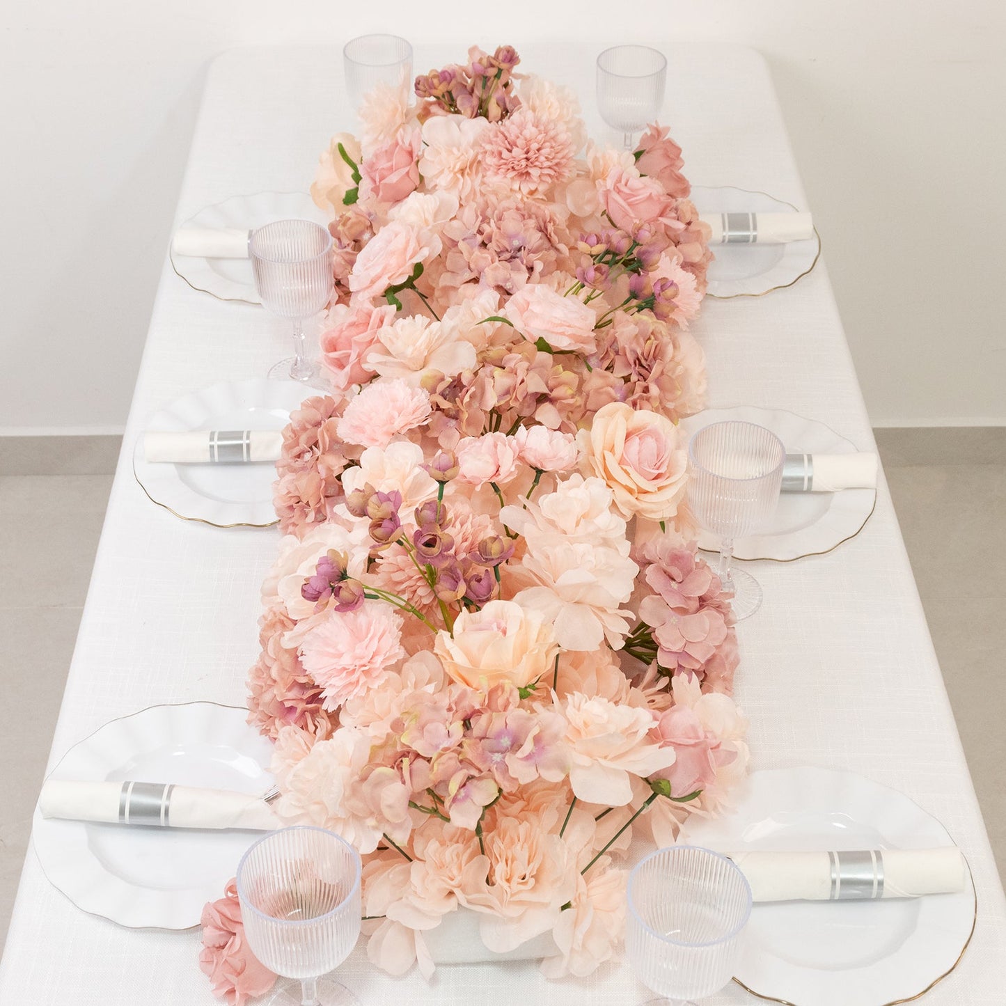 Pre-Arranged Silk Flower Table Runner 40"x16" Mixed Dusty Rose â€“ Roses, Hydrangeas, Chrysanthemums & Peonies for Wedding Table & Arch Decor