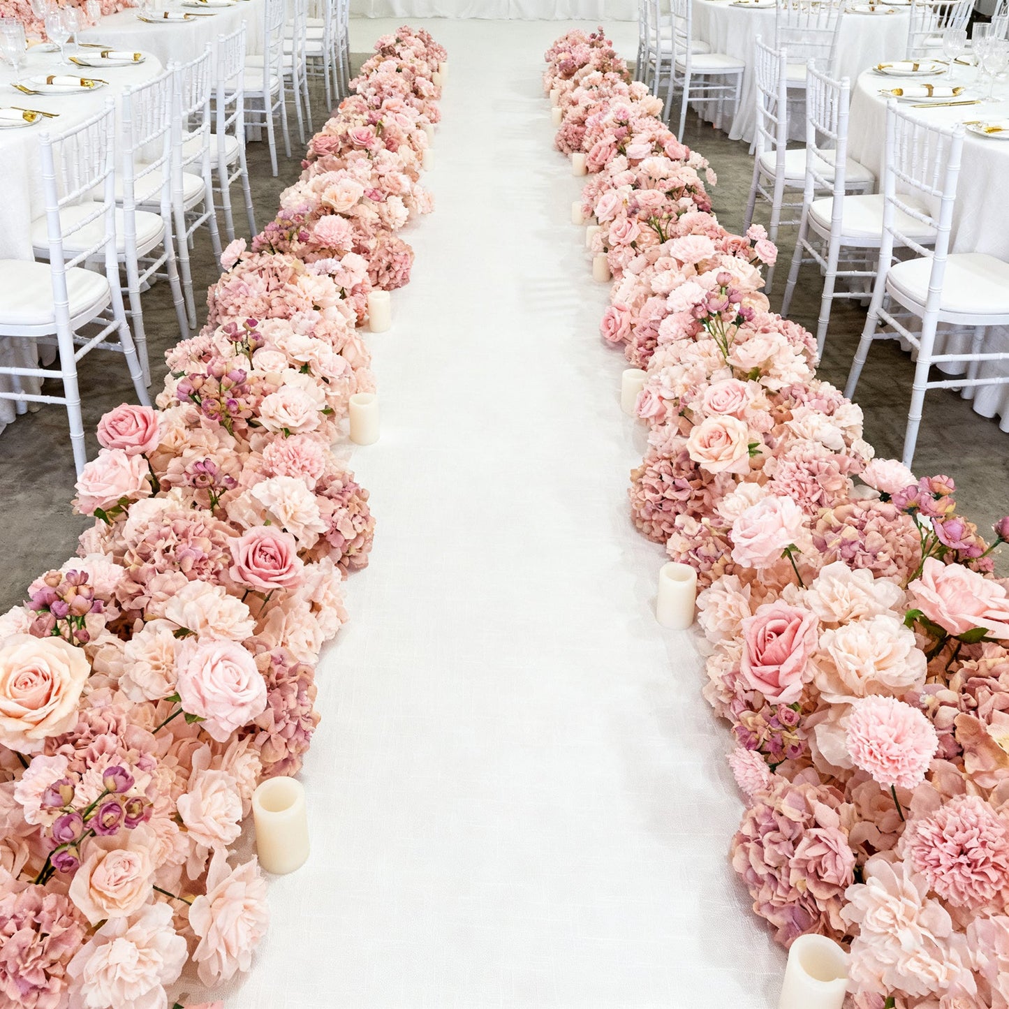 Pre-Arranged Silk Flower Table Runner 40"x16" Mixed Dusty Rose â€“ Roses, Hydrangeas, Chrysanthemums & Peonies for Wedding Table & Arch Decor