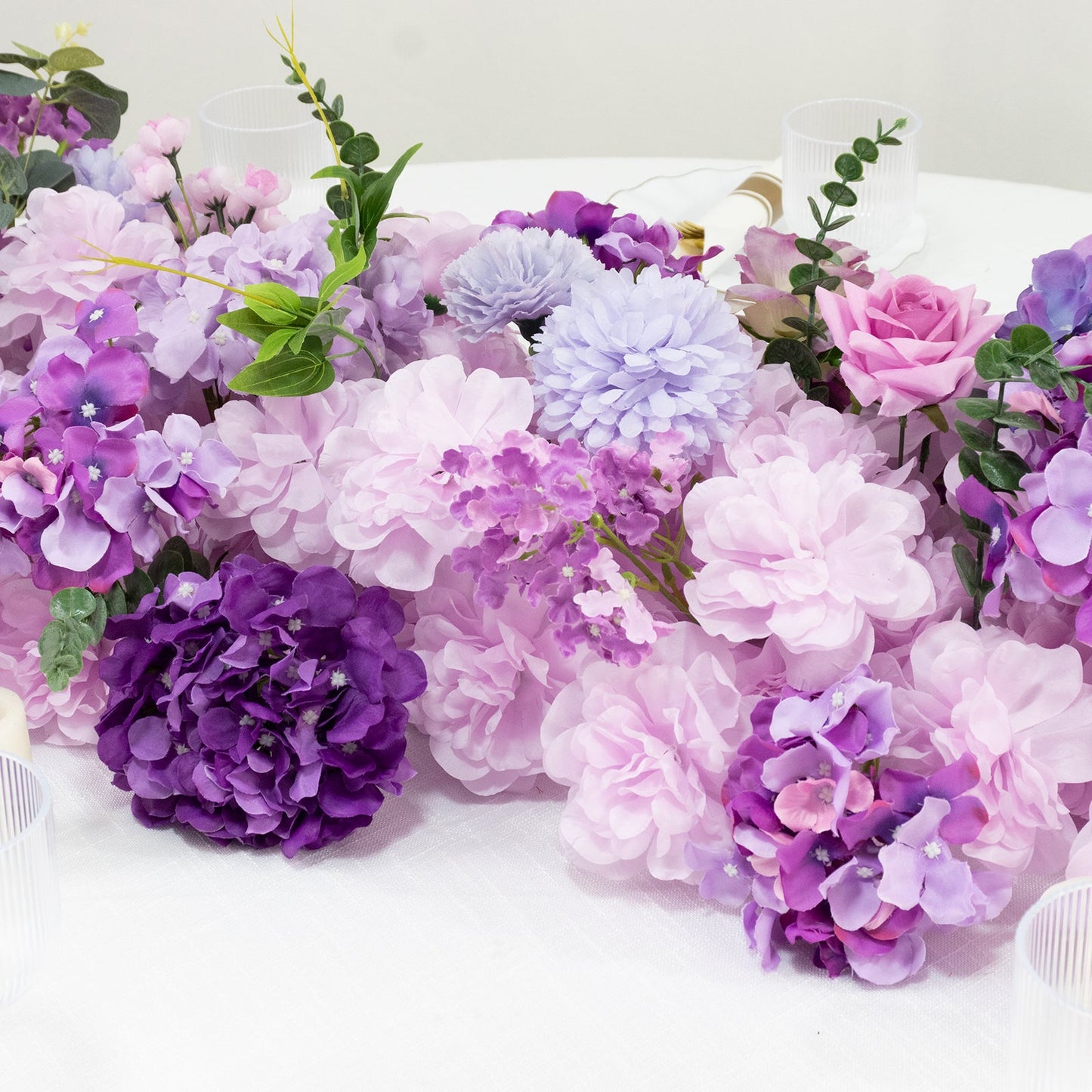 Pre-Arranged Silk Flower Table Runner 40"x16" Mixed Lavender Lilac â€“ Roses, Hydrangeas, Chrysanthemums & Peonies for Wedding Table & Arch Decor
