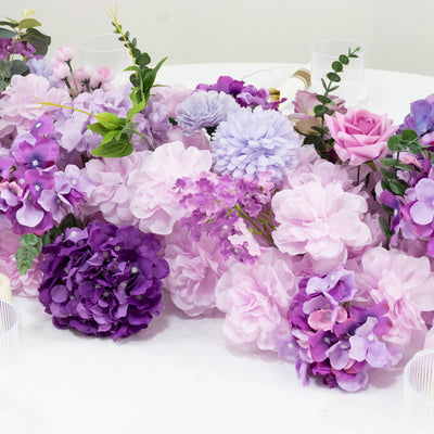 Pre-Arranged Silk Flower Table Runner 40"x16" Mixed Lavender Lilac â€“ Roses, Hydrangeas, Chrysanthemums & Peonies for Wedding Table & Arch Decor