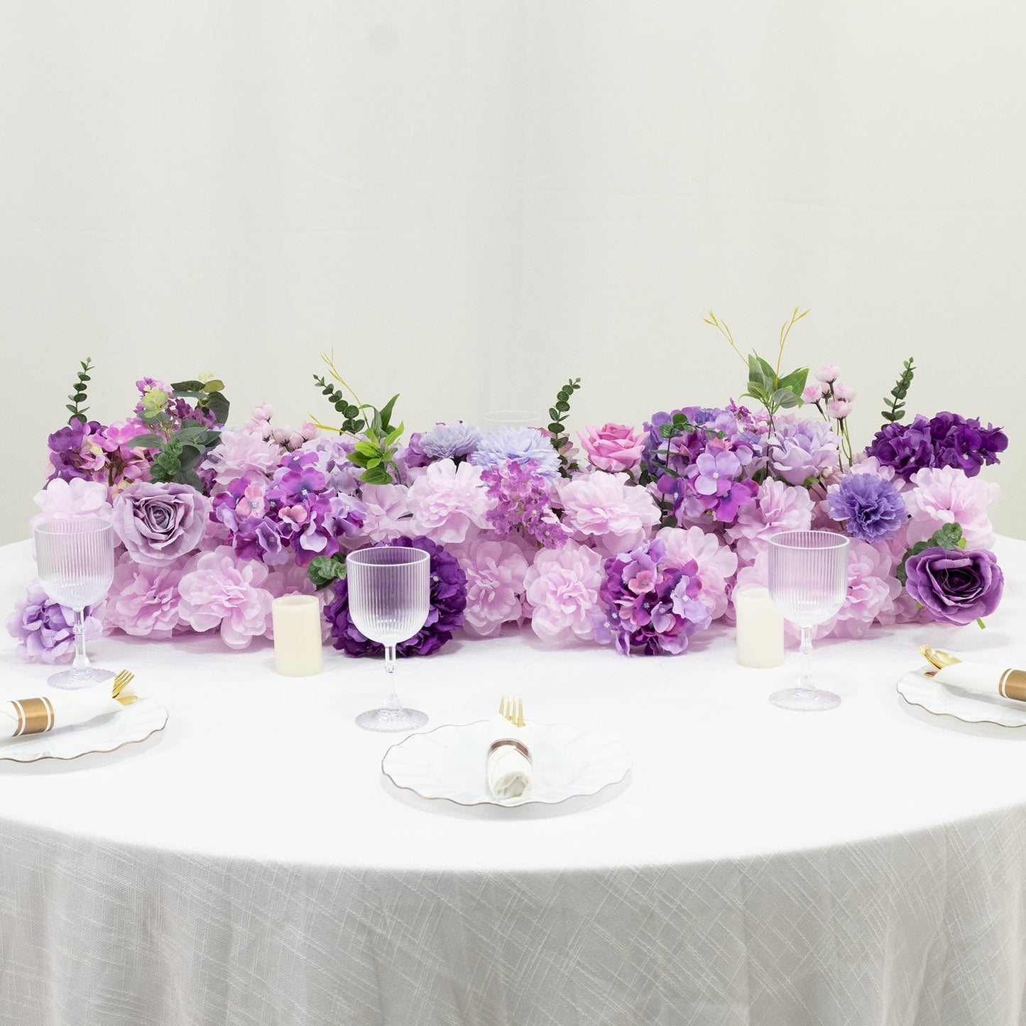 Pre-Arranged Silk Flower Table Runner 40"x16" Mixed Lavender Lilac â€“ Roses, Hydrangeas, Chrysanthemums & Peonies for Wedding Table & Arch Decor