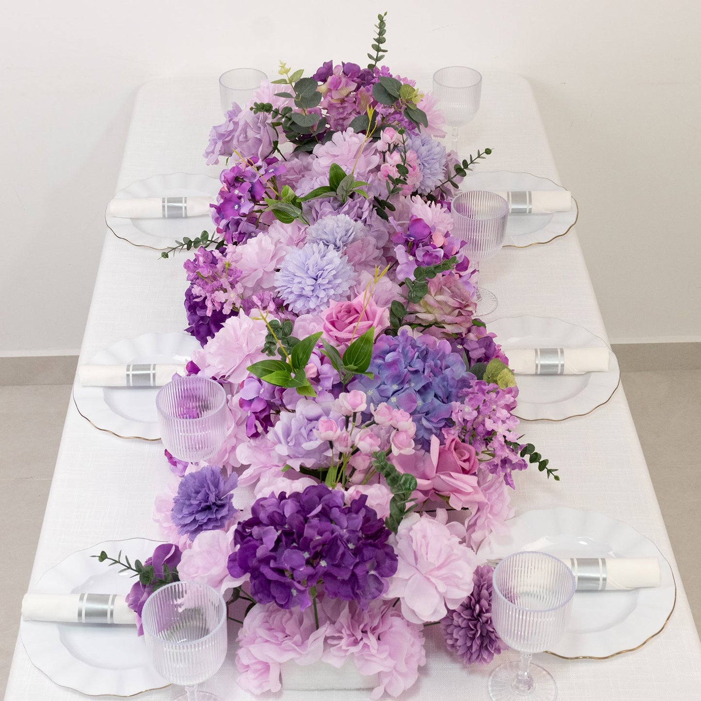 Pre-Arranged Silk Flower Table Runner 40"x16" Mixed Lavender Lilac â€“ Roses, Hydrangeas, Chrysanthemums & Peonies for Wedding Table & Arch Decor