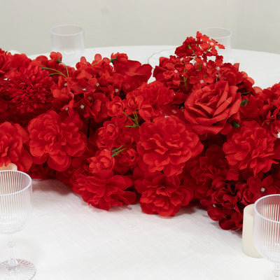 Pre-Arranged Silk Flower Table Runner 40"x16" Mixed Red â€“ Roses, Hydrangeas, Chrysanthemums & Peonies for Wedding Table & Arch Decor