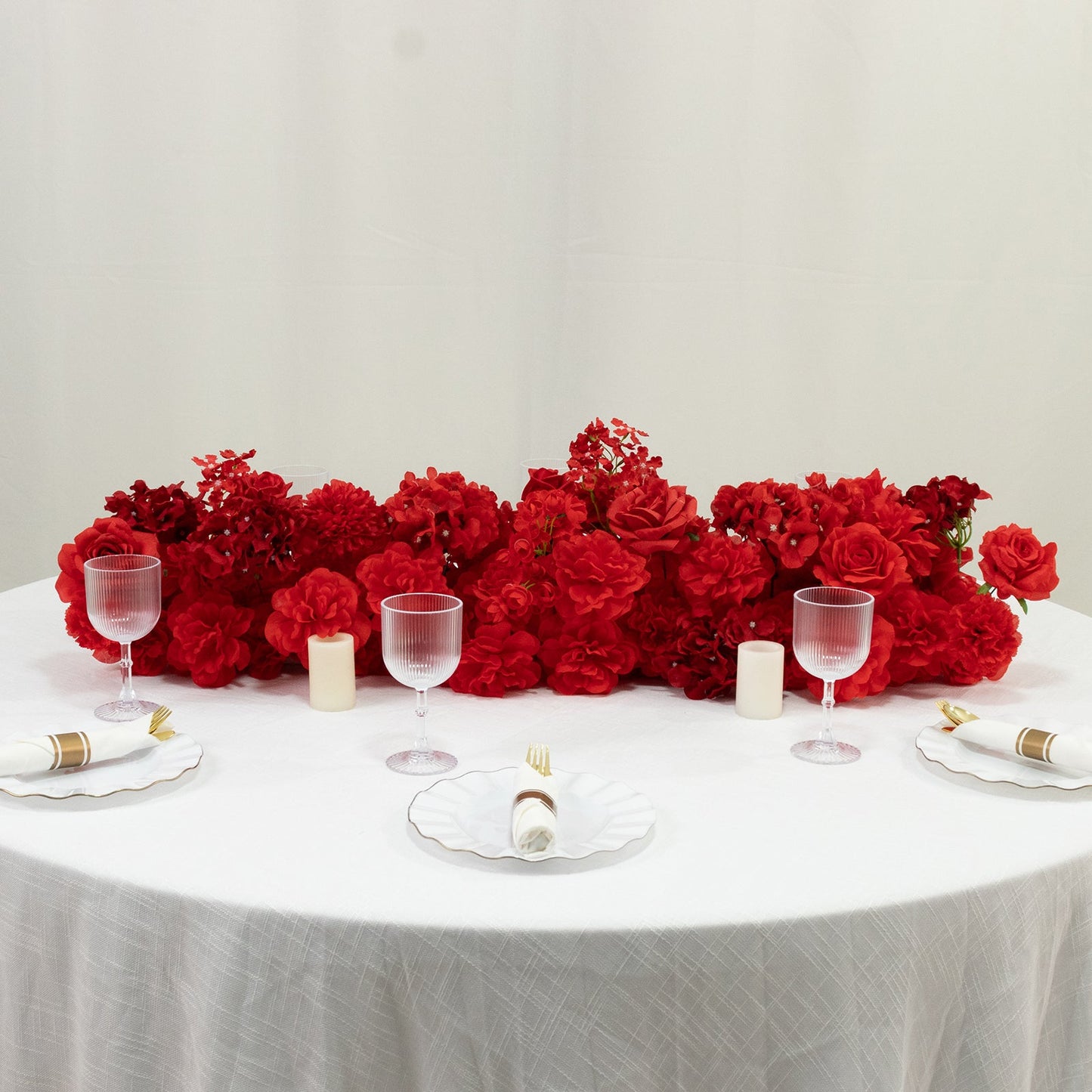 Pre-Arranged Silk Flower Table Runner 40"x16" Mixed Red â€“ Roses, Hydrangeas, Chrysanthemums & Peonies for Wedding Table & Arch Decor