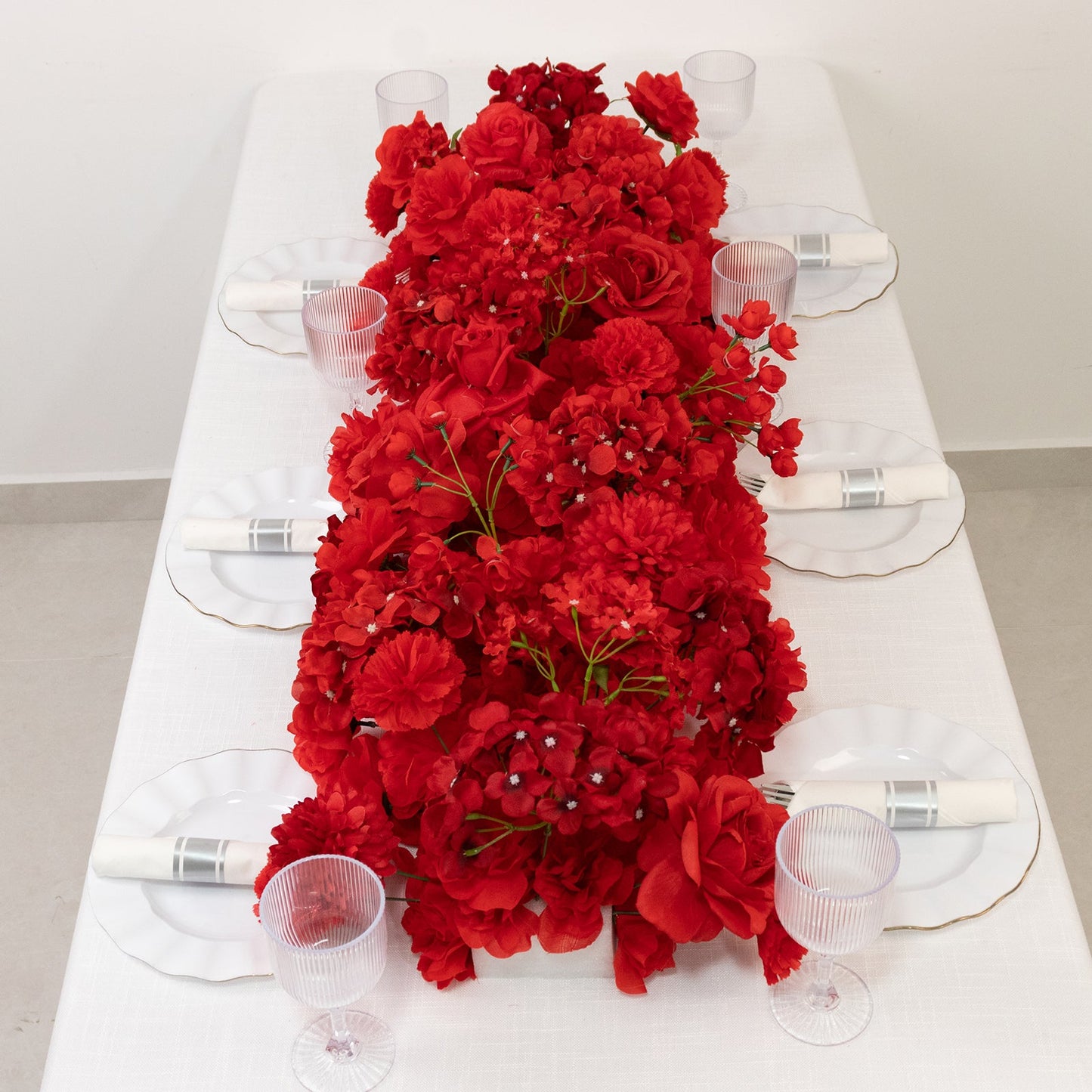 Pre-Arranged Silk Flower Table Runner 40"x16" Mixed Red â€“ Roses, Hydrangeas, Chrysanthemums & Peonies for Wedding Table & Arch Decor