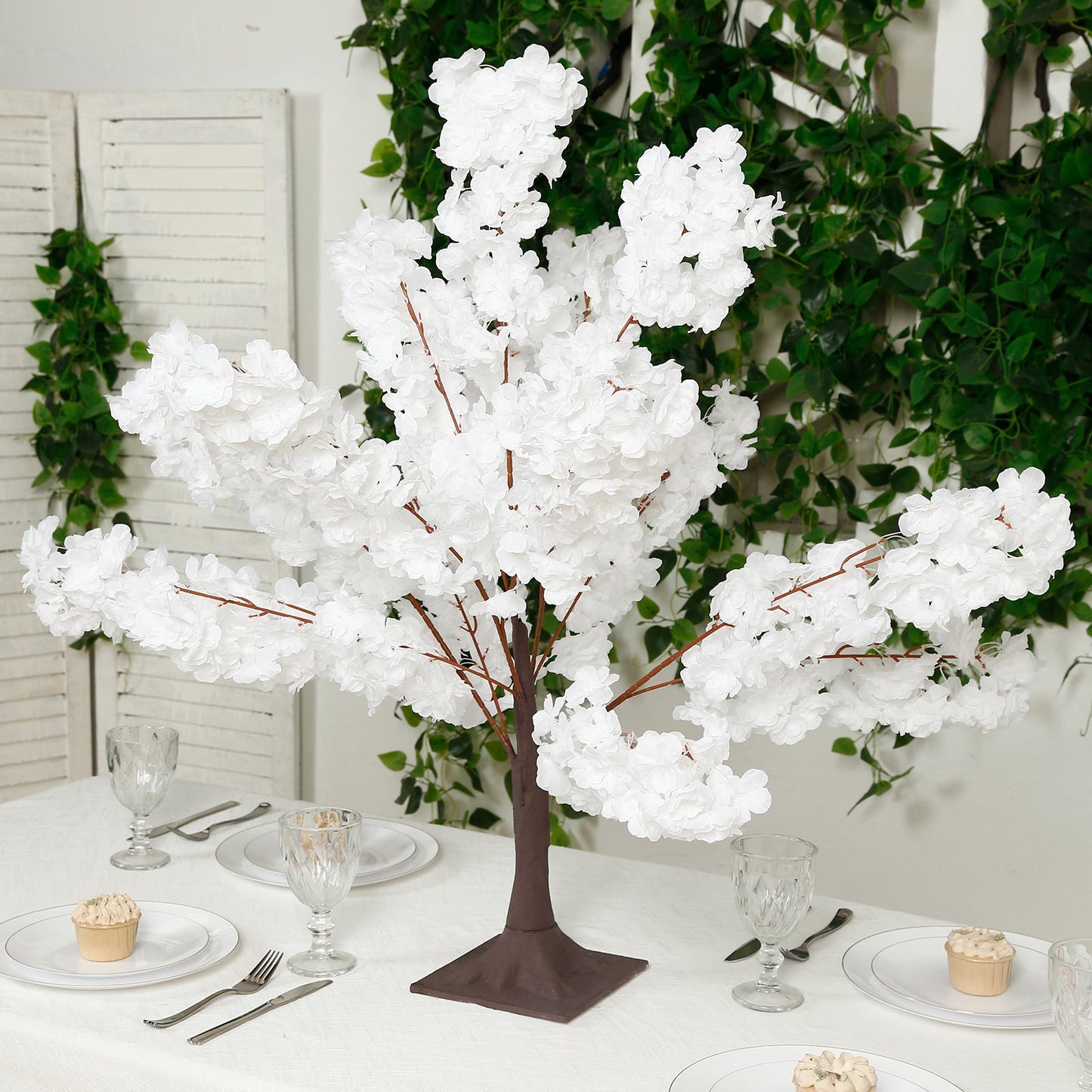 Silk Cherry Blossom Tree Centerpiece 3ft White â€“ Lifelike Artificial Sakura Wishing Tree with Metal Base