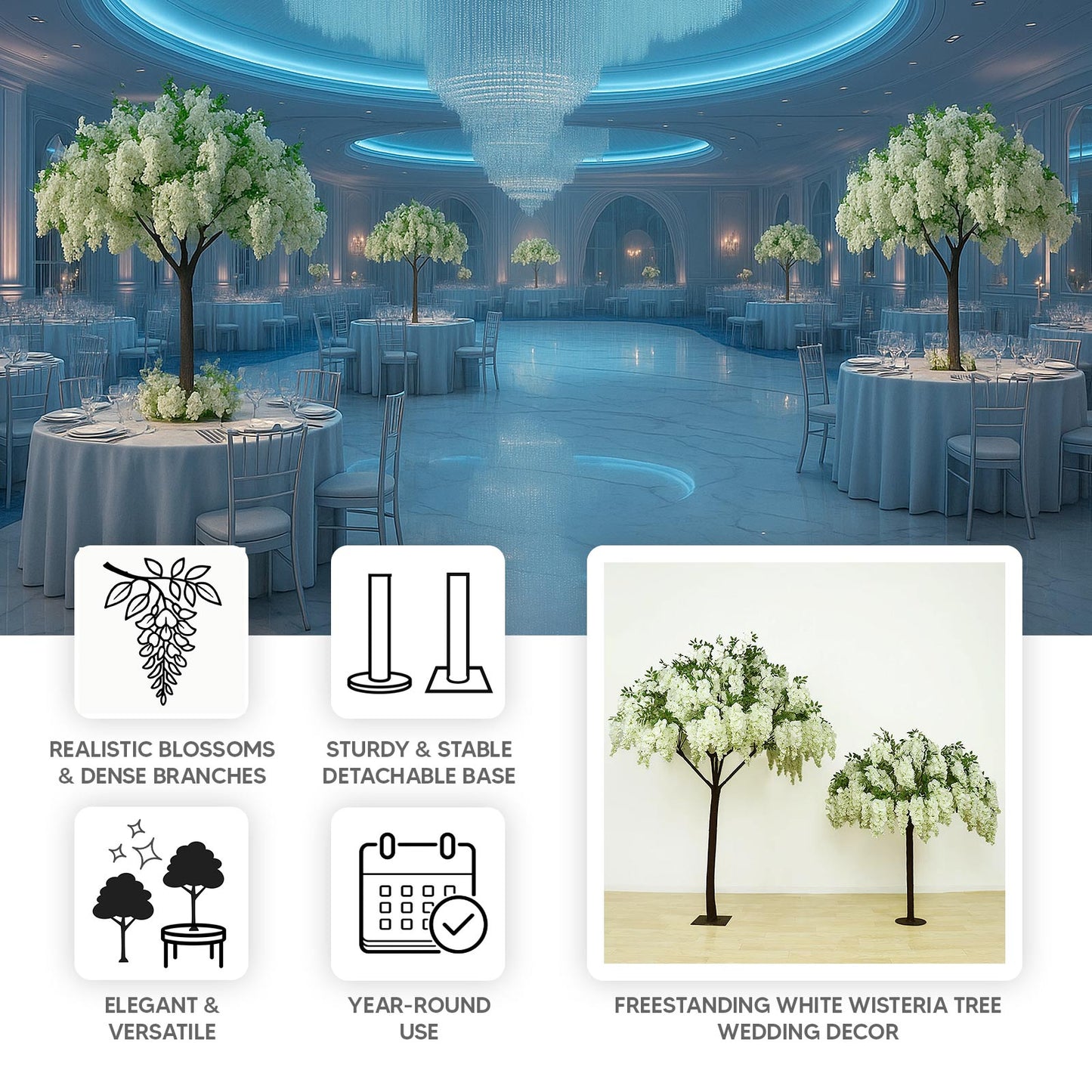 5ft Freestanding White Wisteria Artificial Tree â€“ Cascading Silk Flower Display for Weddings & Events