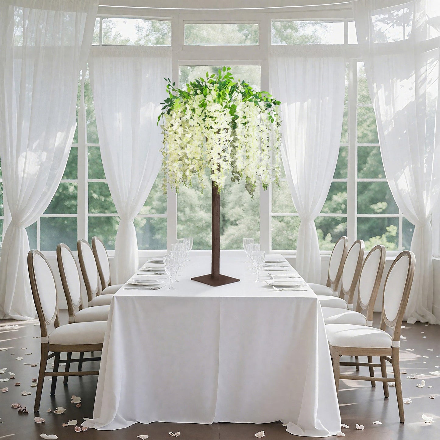 Cream Artificial Wisteria Tree â€“ 4ft Cascading Silk Flowers with Natural Trunk for Weddings, Receptions & Event Centerpieces