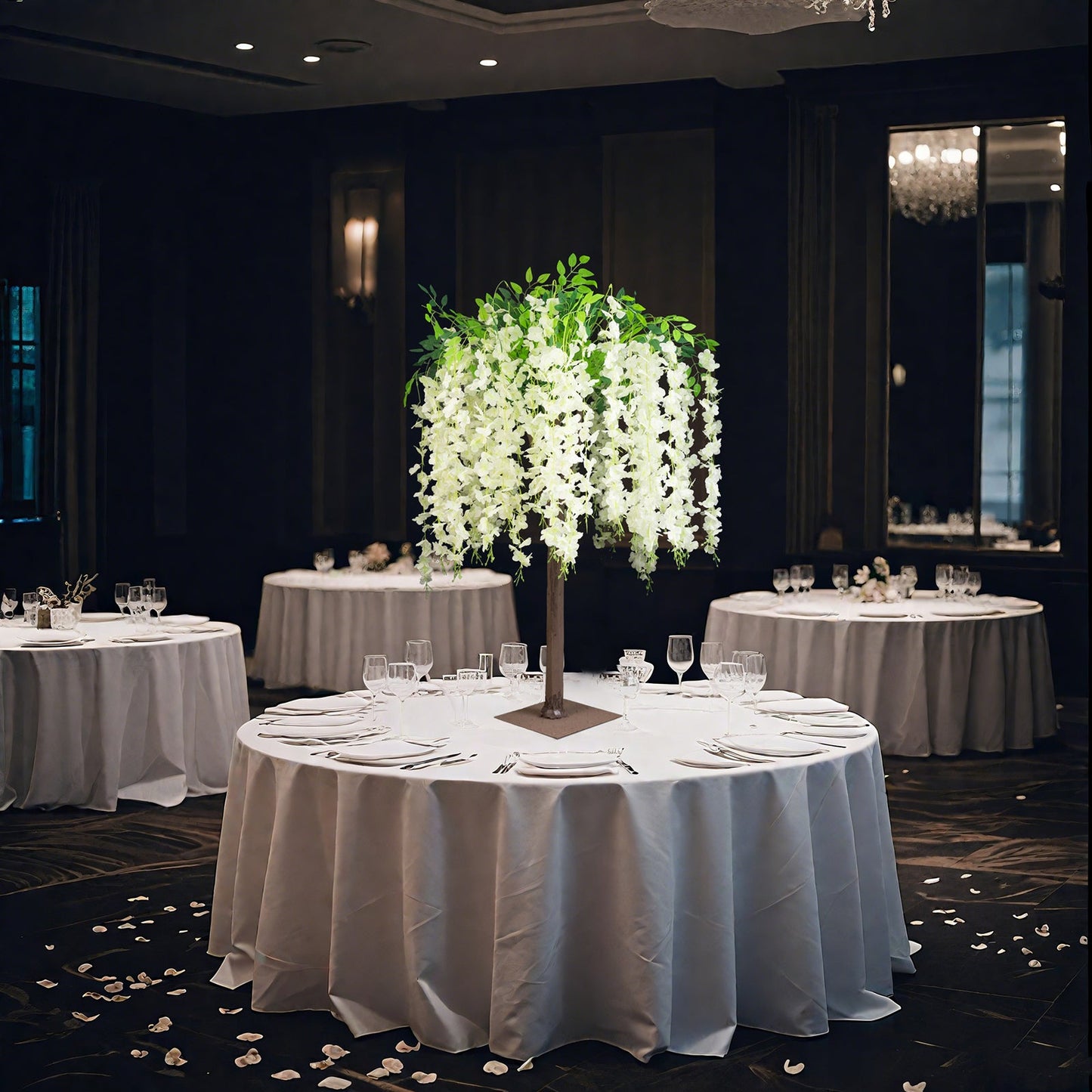 Cream Artificial Wisteria Tree â€“ 4ft Cascading Silk Flowers with Natural Trunk for Weddings, Receptions & Event Centerpieces