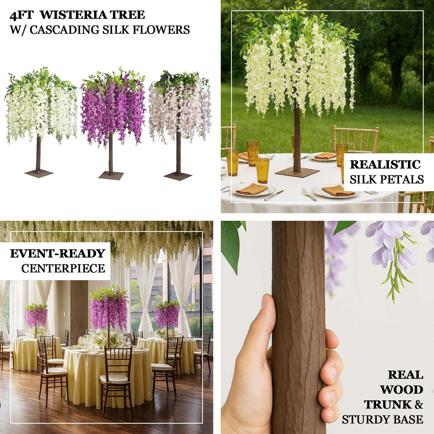 Cream Artificial Wisteria Tree â€“ 4ft Cascading Silk Flowers with Natural Trunk for Weddings, Receptions & Event Centerpieces