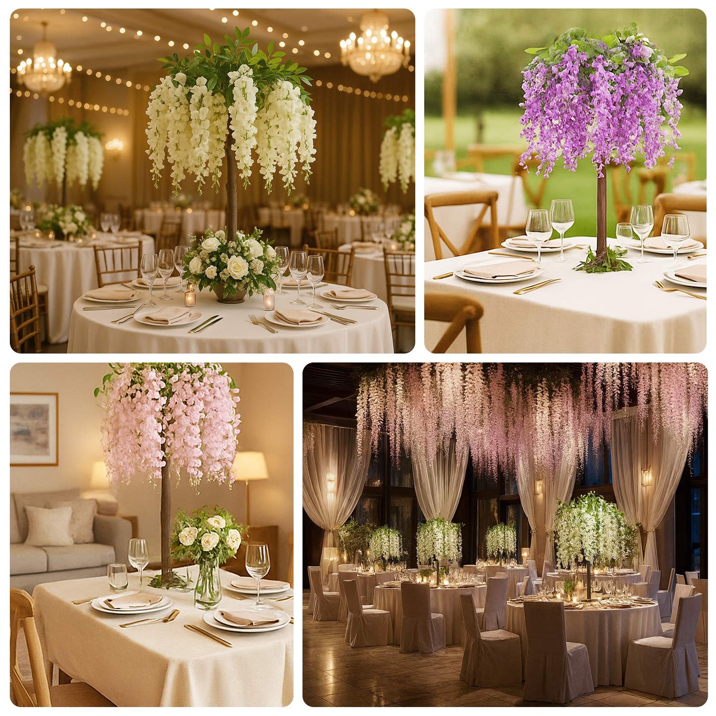 Cream Artificial Wisteria Tree â€“ 4ft Cascading Silk Flowers with Natural Trunk for Weddings, Receptions & Event Centerpieces
