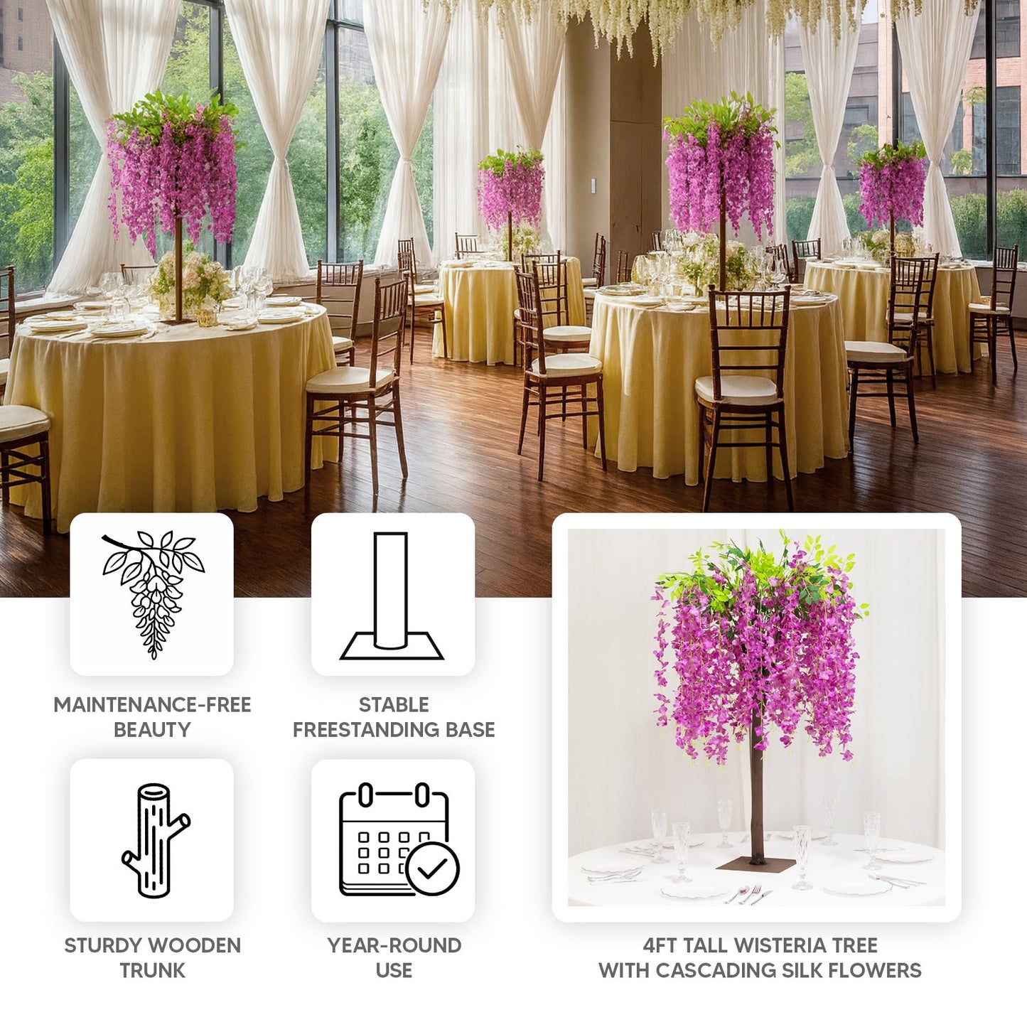 Lavender Lilac Artificial Wisteria Tree â€“ 4ft Cascading Silk Flowers with Natural Trunk for Weddings, Receptions & Event Centerpieces