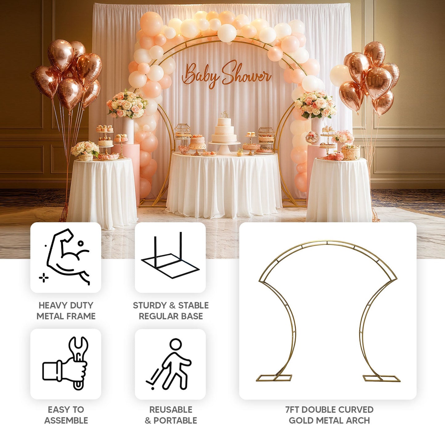 7ft Gold Double-Curved Metal Arch Frame â€“ Backdrop, Balloon & Flower Arrangement Display Stand