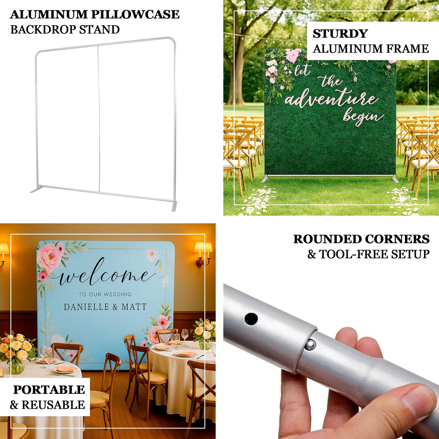 Pillowcase Backdrop Stand in Aluminum 8ft x 8ft â€“ Portable Rounded Corner Tension Fabric Pillowcase Display Stand for Exhibits & Photography