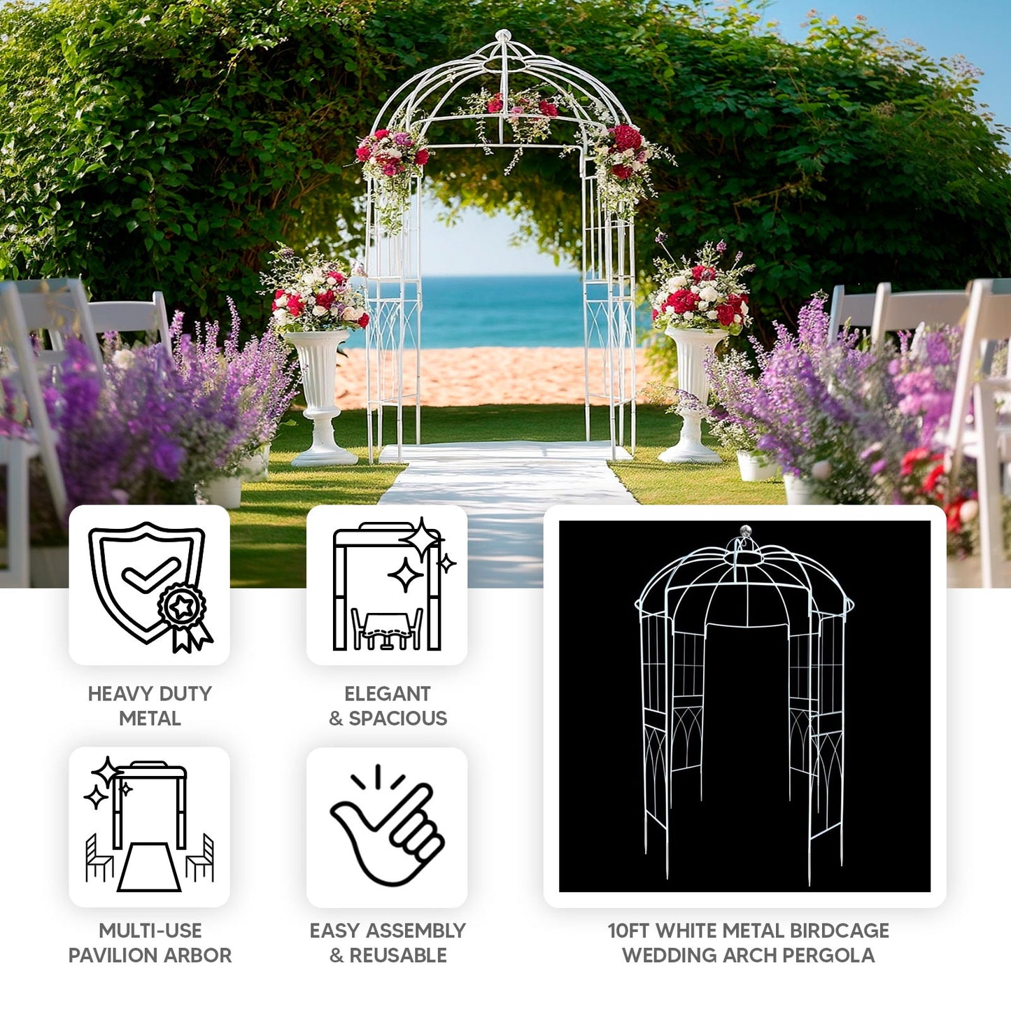 10ft White Metal Birdcage Ceremony Arch â€“ Garden Gazebo Pergola Arbor Trellis for Outdoor Weddings, Vines & Flowers