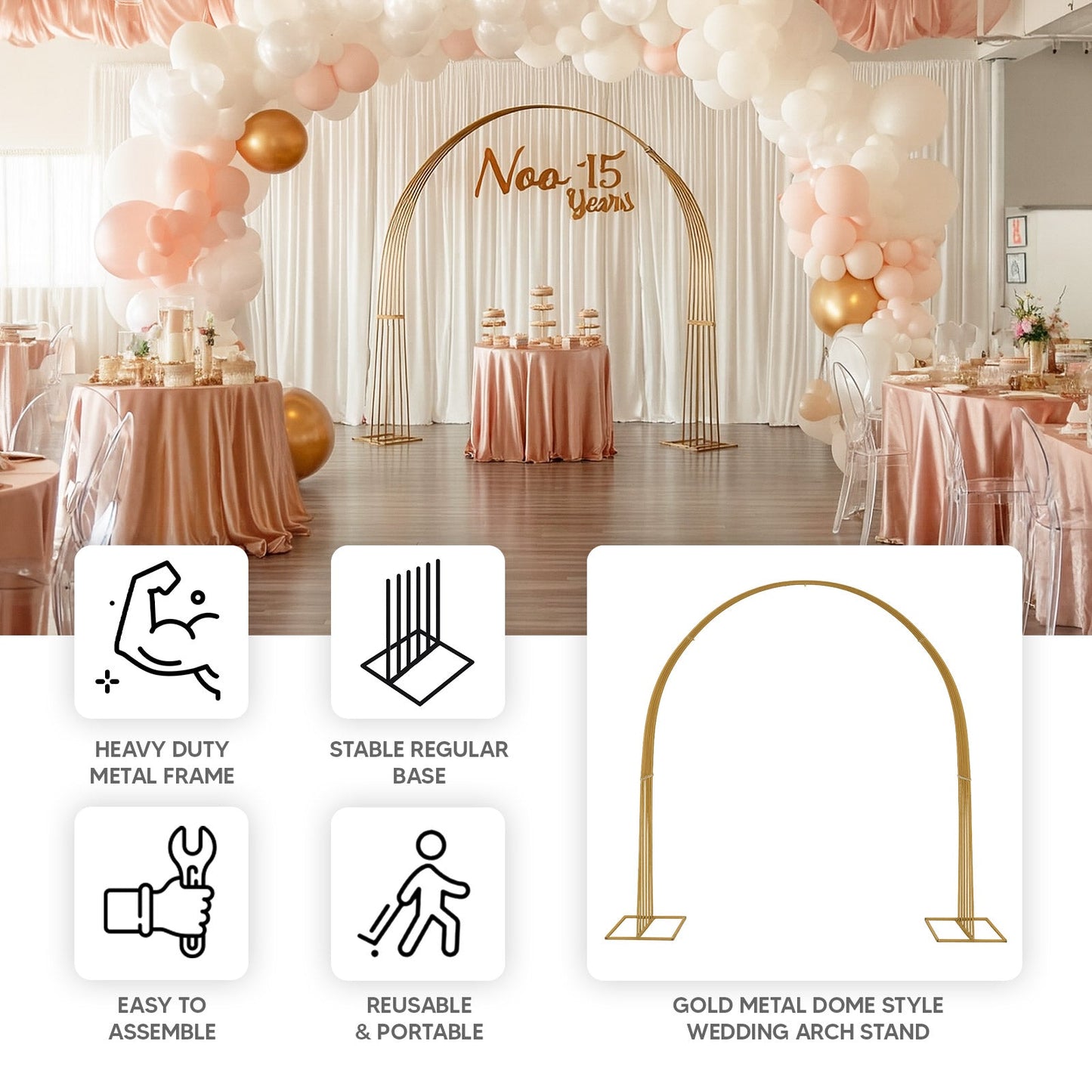 8ft Gold Metal Dome Wedding Arch, Heavy-Duty Backdrop Stand 3D Floral Balloon Frame