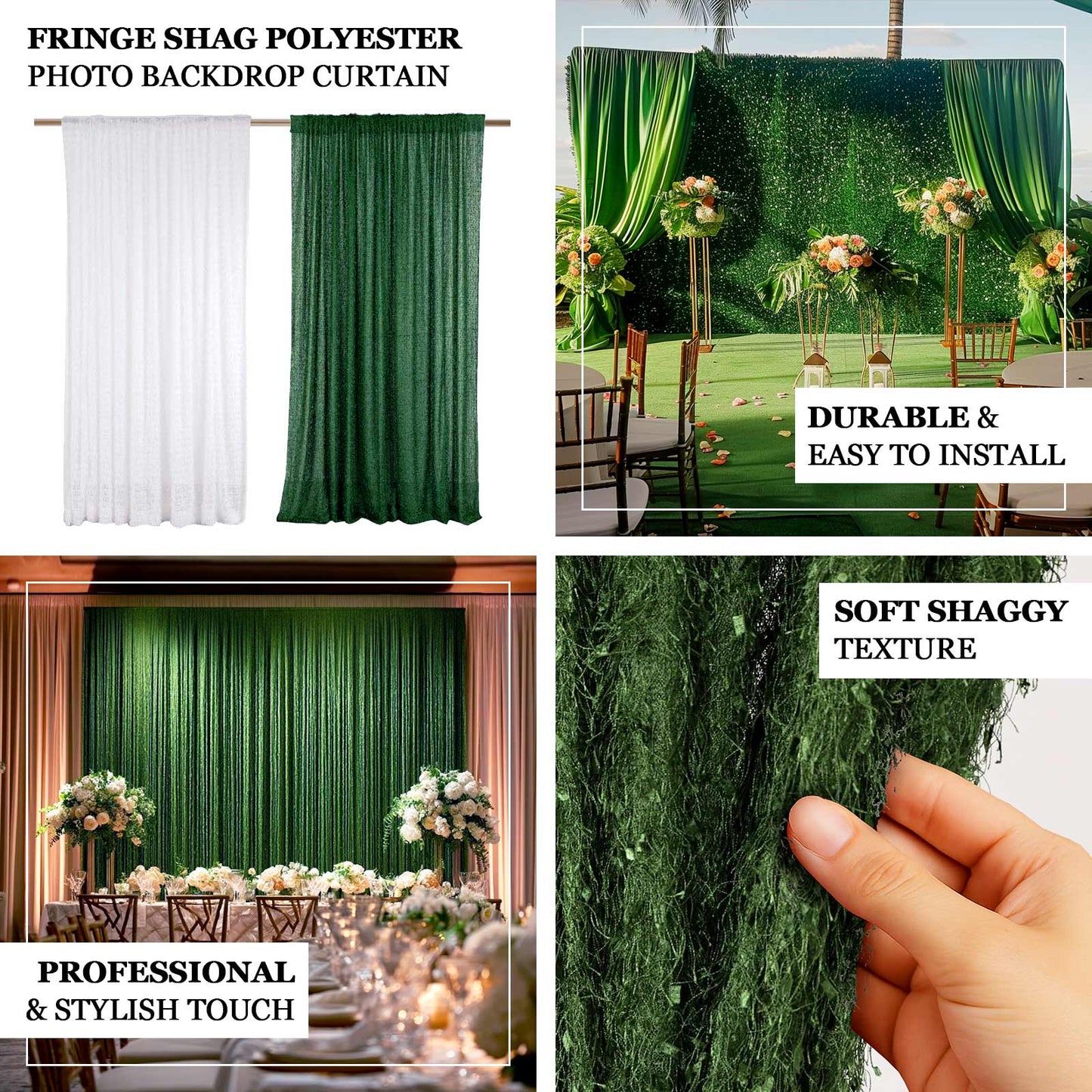 5ftx10ft Green Fringe Shag Polyester Event Drapery Panel, Minky Fabric Divider Backdrop Curtain