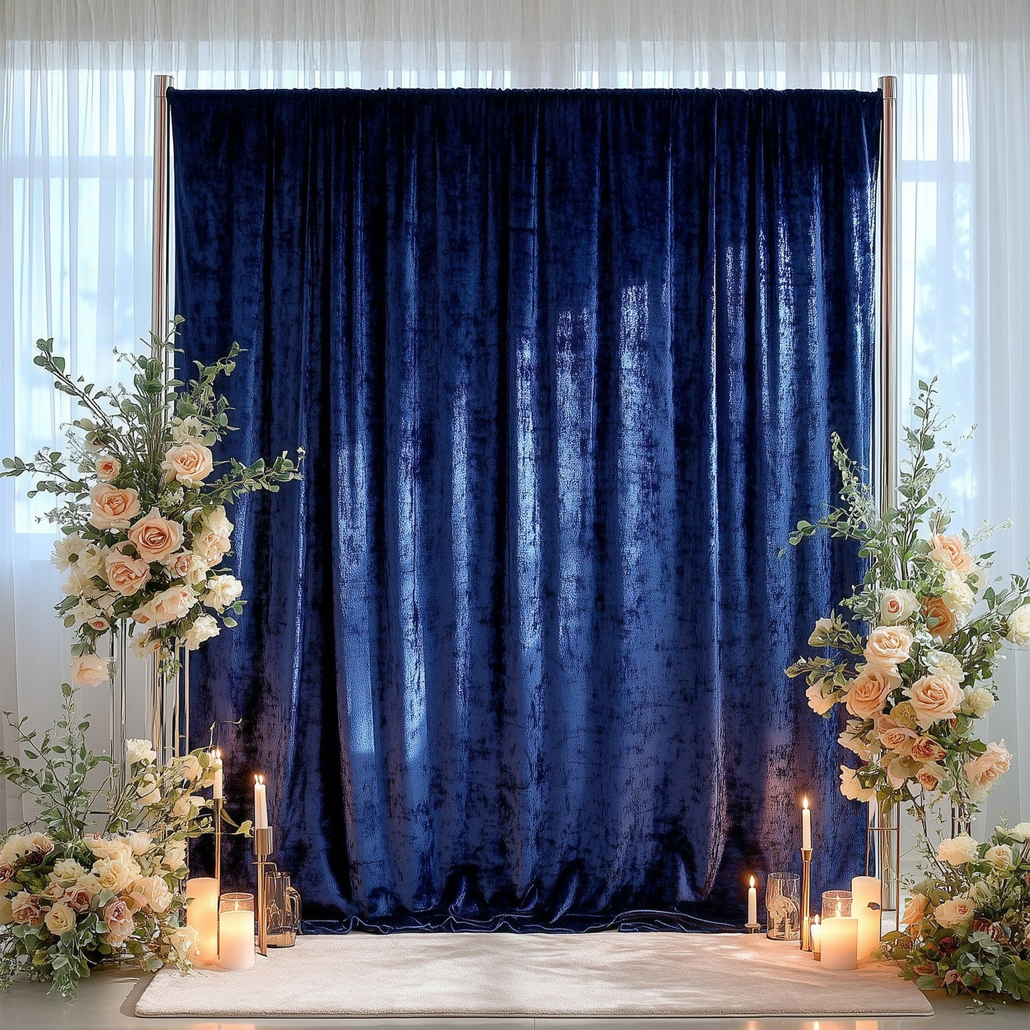 Navy Blue Crushed Velvet Backdrop Curtain â€“ 5ft x 12ft Event Drape with Rod Pocket, Privacy Panel for Photo Booths & Events