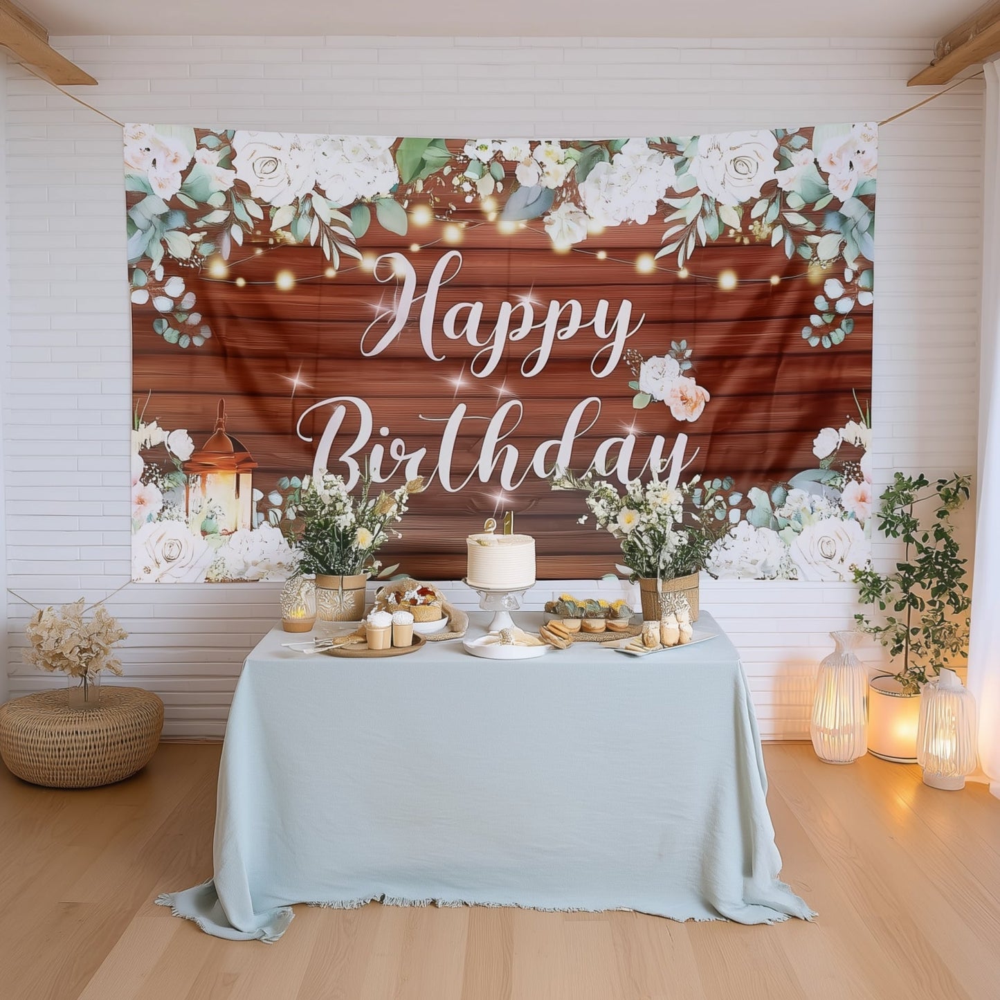 6ftx3ft White Brown Rustic Wood Floral Happy Birthday Photo Backdrop, Large Polyester Background Banner