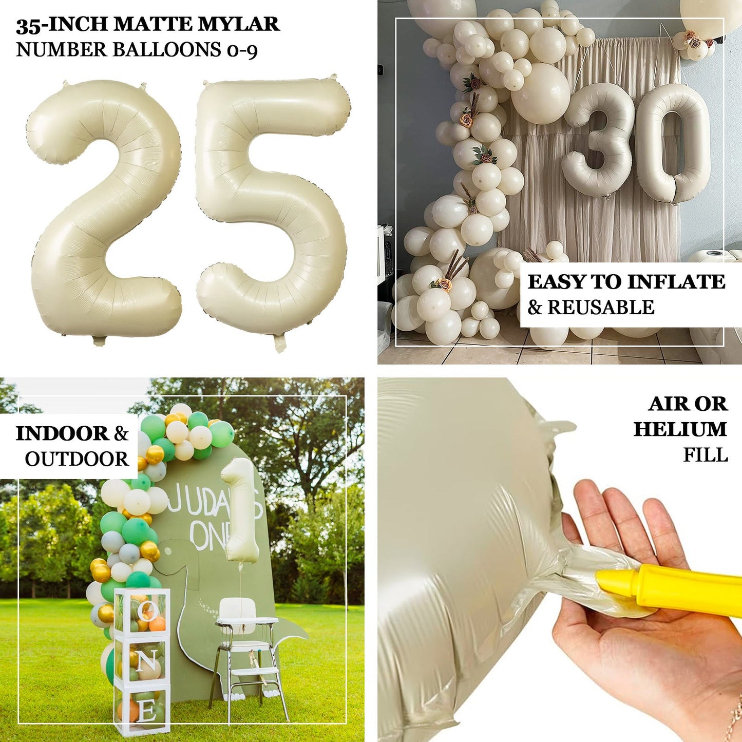 Matte Cream Number Balloons 0-9 â€“ 35" Large Mylar Foil Balloons, Air or Helium Fill