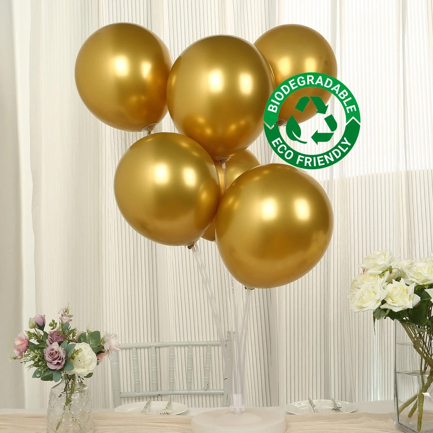 50 Pack Chrome Gold Biodegradable Latex Balloons 12", Thick Eco Friendly Metallic Party Balloons
